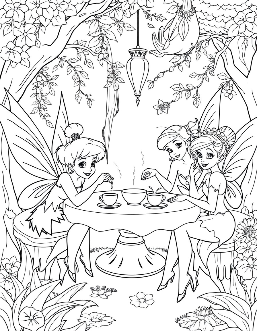 Tinker-bell, Rosetta, Silvermist, fawn, vidia having a tea party in pixie hollow