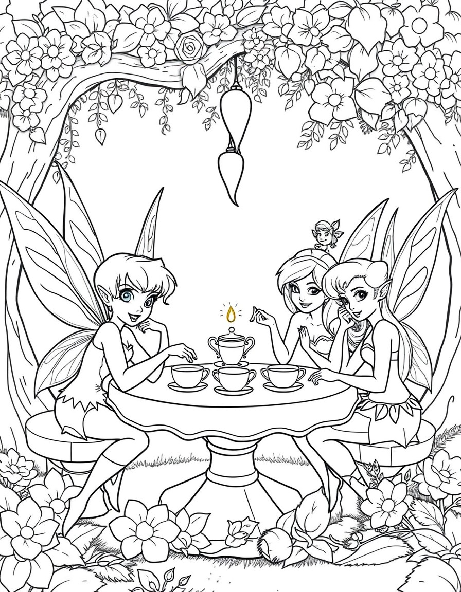 Tinker-bell, Rosetta, Silvermist, fawn, vidia having a tea party in pixie hollow