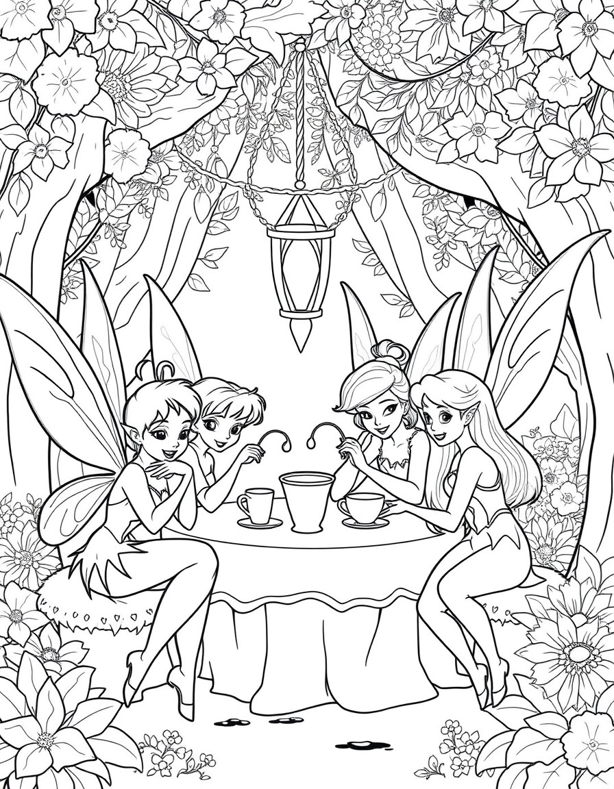 Tinker-bell, Rosetta, Silvermist, fawn, vidia having a tea party in pixie hollow