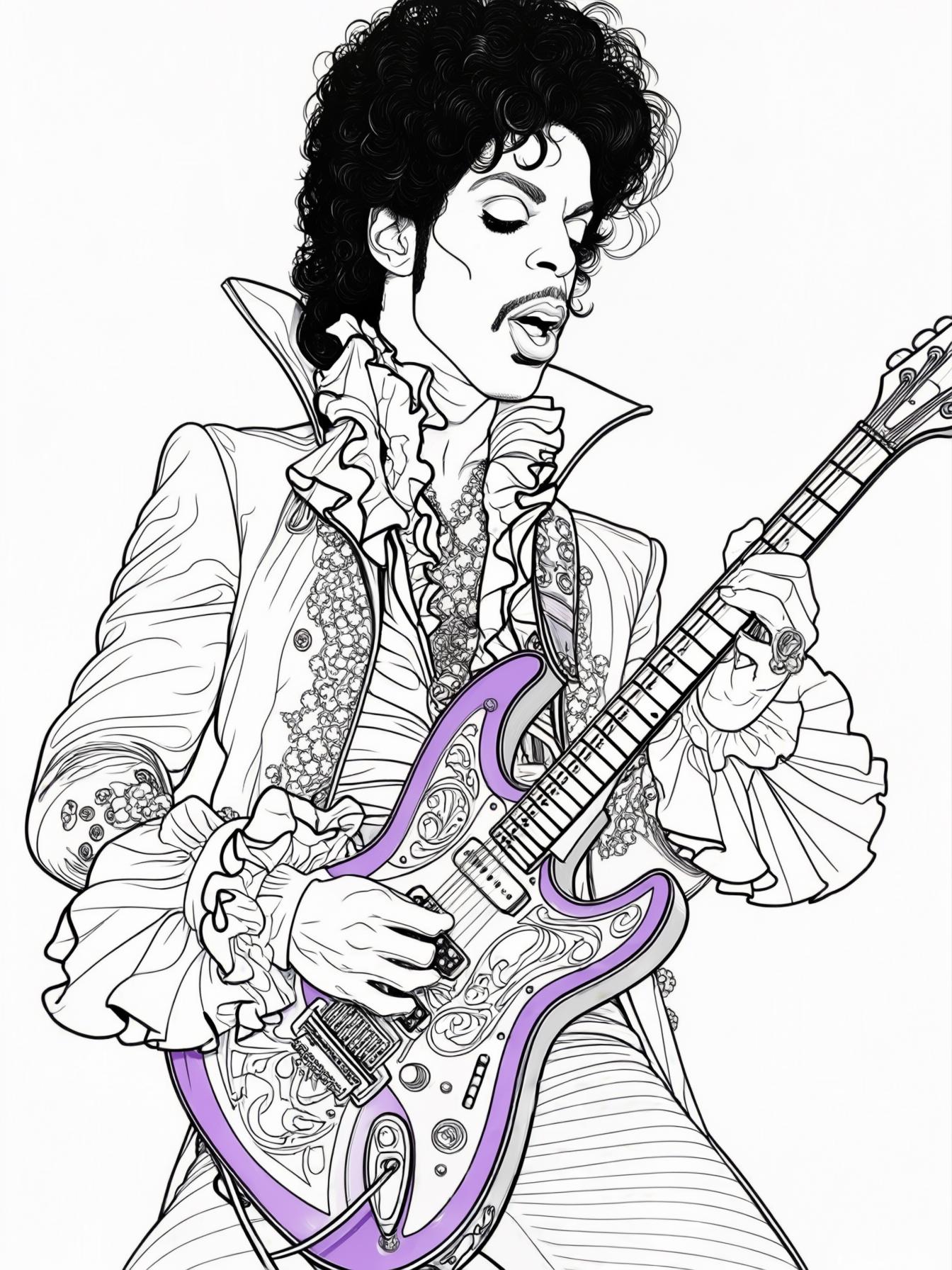 Prince is depicted in a dynamic pose, playing his iconic purple guitar. He is dressed in one of his signature flamboyant outfits, complete with ruffles and bold patterns to capture his unique style.A