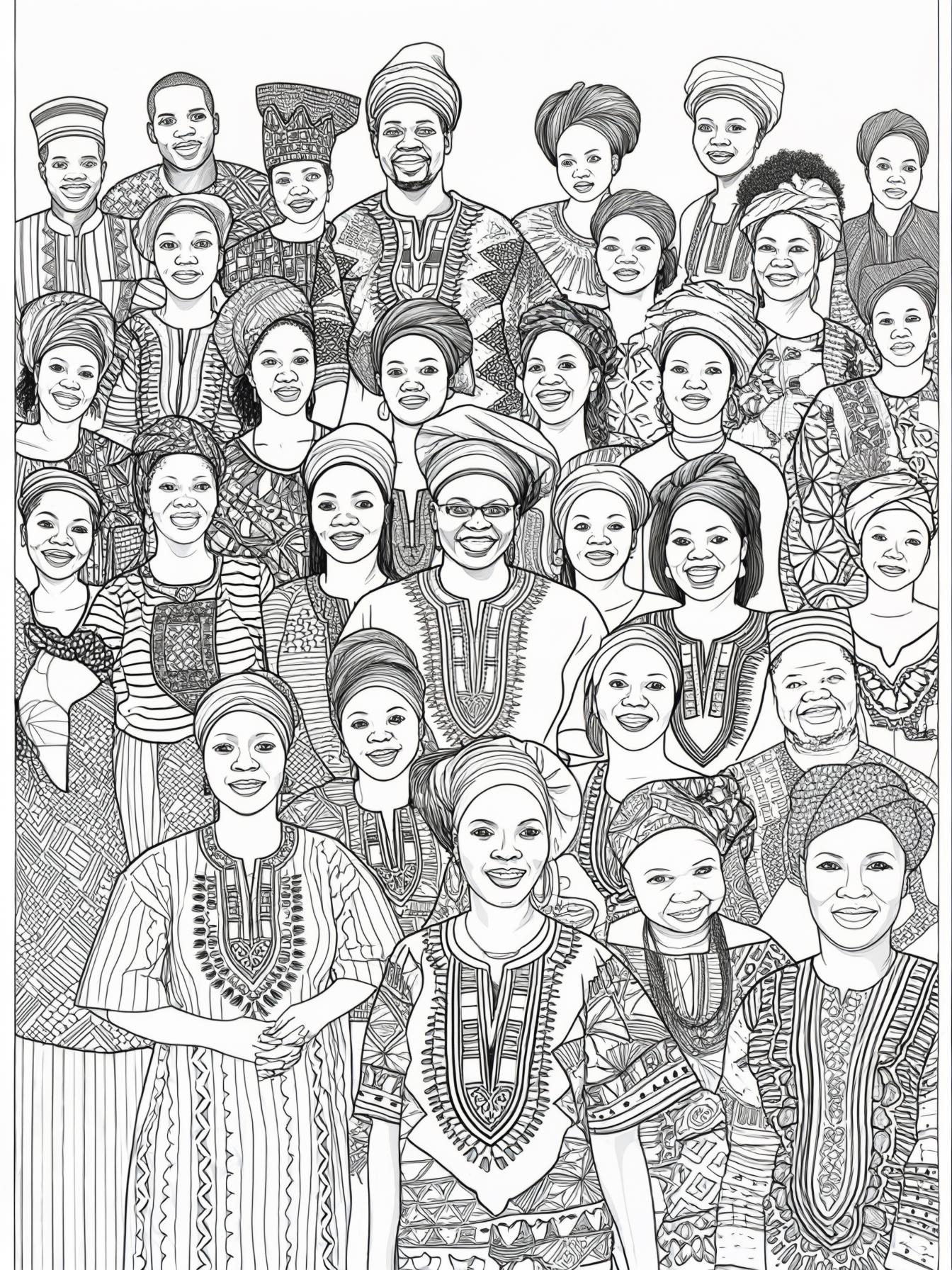 A vibrant scene featuring a diverse group of African people wearing traditional Kente cloth garments as they celebrate a cultural event. The individuals represent various age groups and genders, showc