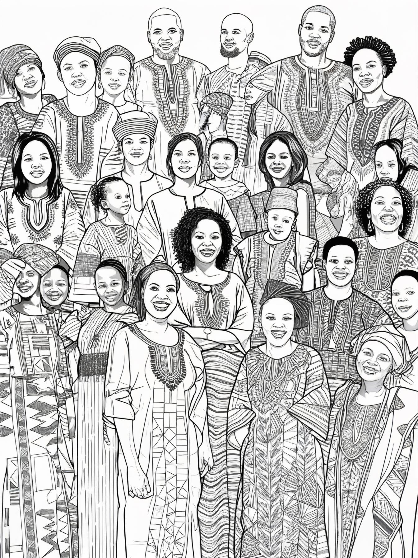 A vibrant scene featuring a diverse group of African people wearing traditional Kente cloth garments as they celebrate a cultural event. The individuals represent various age groups and genders, showc