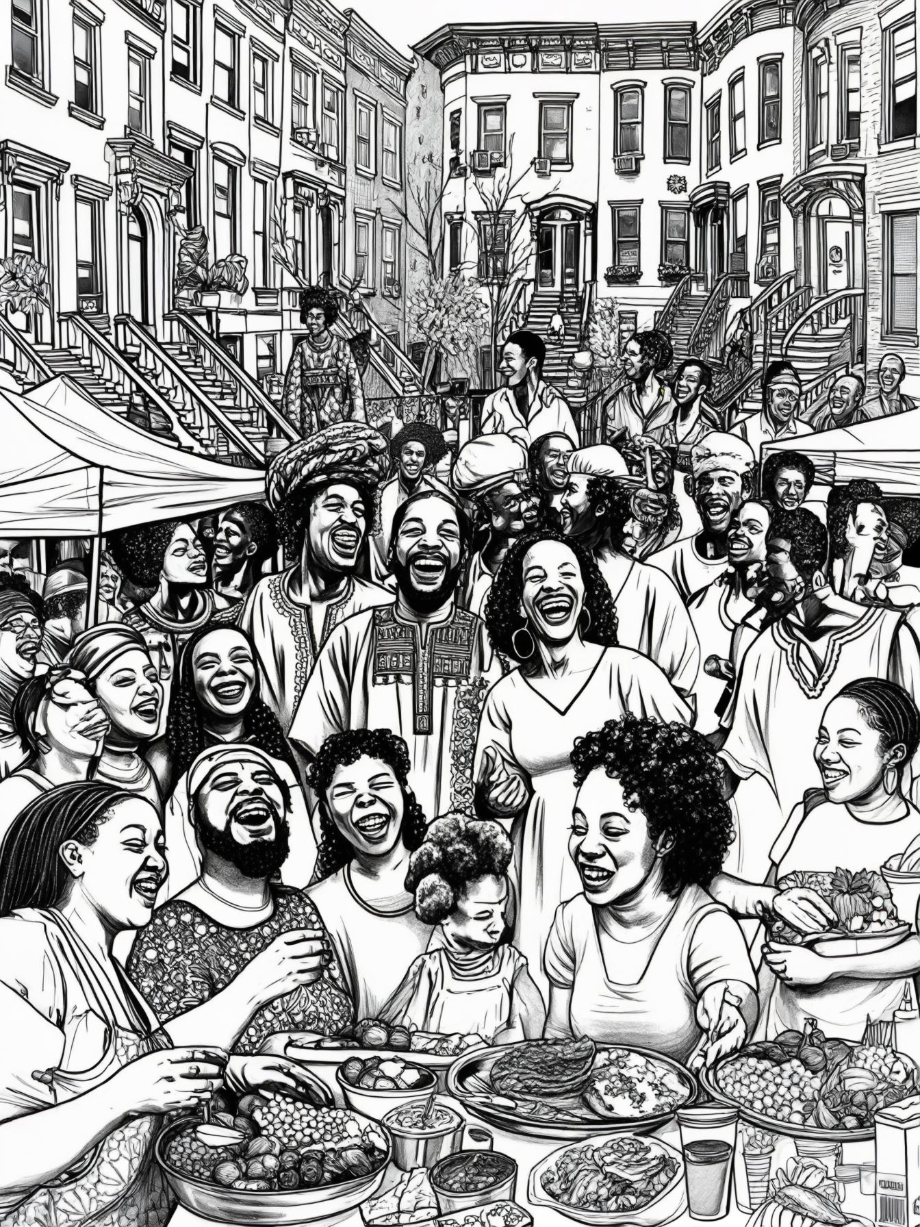 A lively block party taking place on a vibrant neighborhood street. Various Black neighbors are gathered, enjoying the festivities. Include African American people and backgrounds to reflect the unity