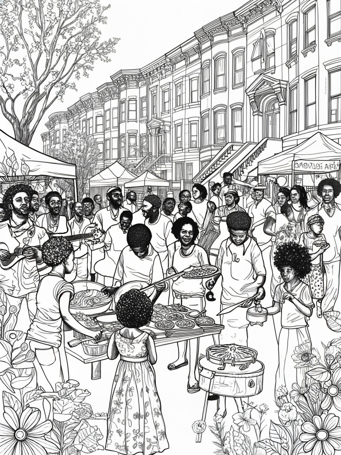 A lively block party taking place on a vibrant neighborhood street. Various Black neighbors are gathered, enjoying the festivities. Include African American people and backgrounds to reflect the unity