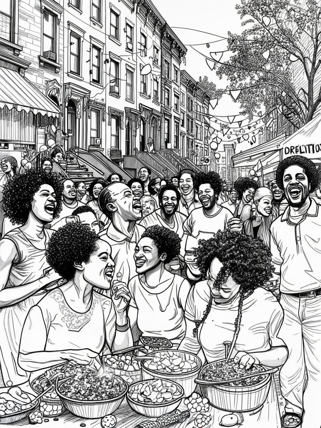 A lively block party taking place on a vibrant neighborhood street. Various Black neighbors are gathered, enjoying the festivities. Include African American people and backgrounds to reflect the unity