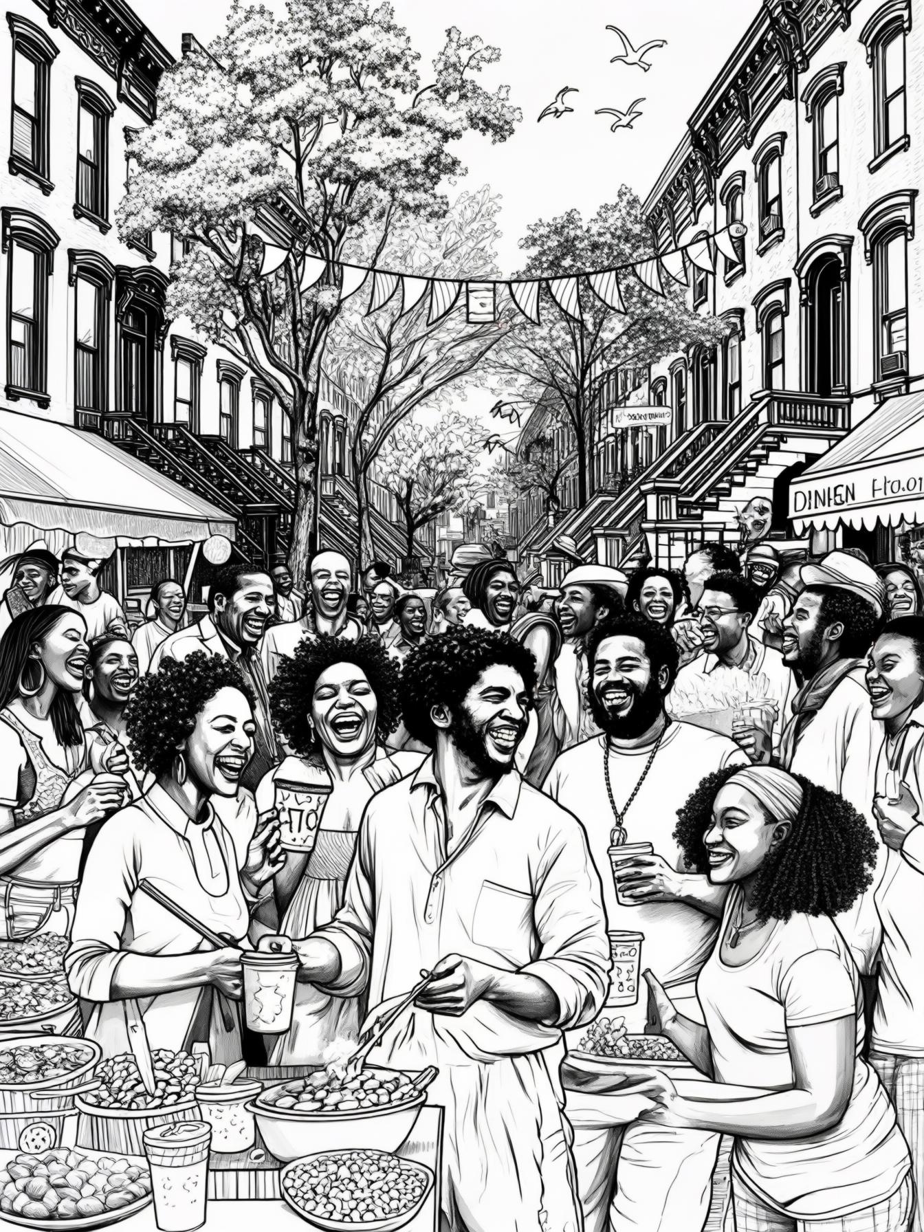 A lively block party taking place on a vibrant neighborhood street. Various Black neighbors are gathered, enjoying the festivities. Include African American people and backgrounds to reflect the unity