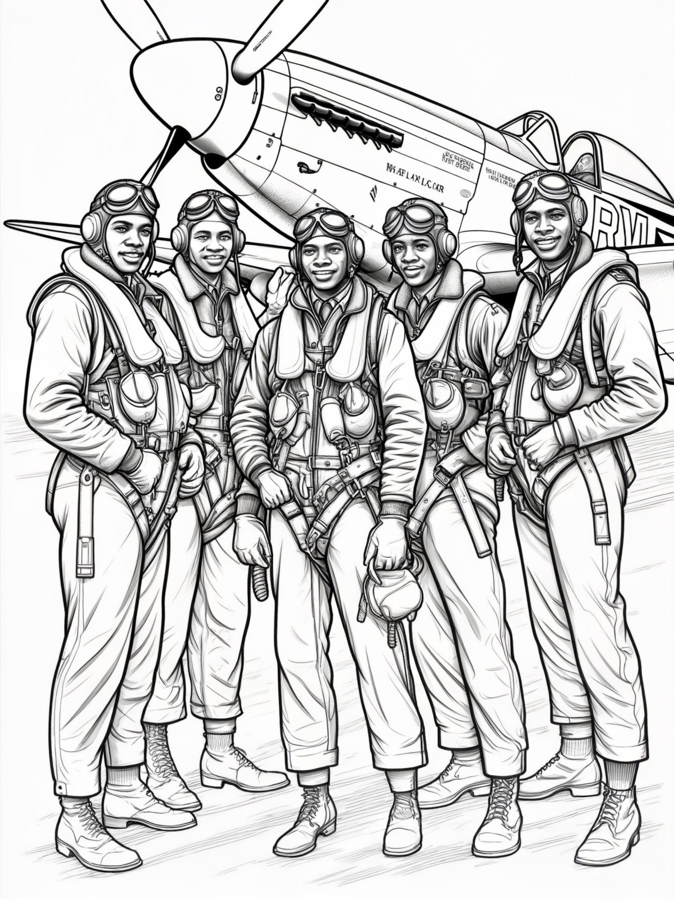 Depict a group of Tuskegee Airmen in their iconic World War II flight gear, standing proudly beside a vintage fighter plane, such as the P-51 Mustang. Show the airmen in various posessome adjusting th