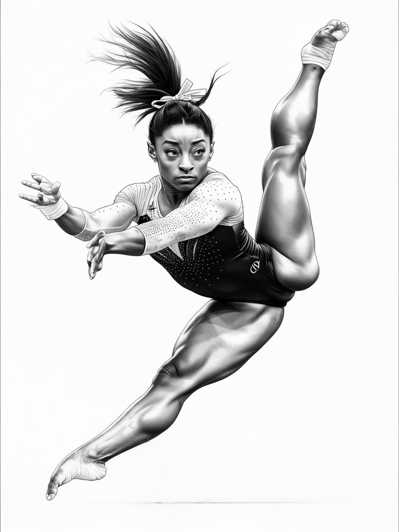 Depict Simone Biles in an athletic pose performing a gymnastics move, such as a vault or a balance beam routine. Capture her dynamic movement and focus, showcasing her strength and grace.