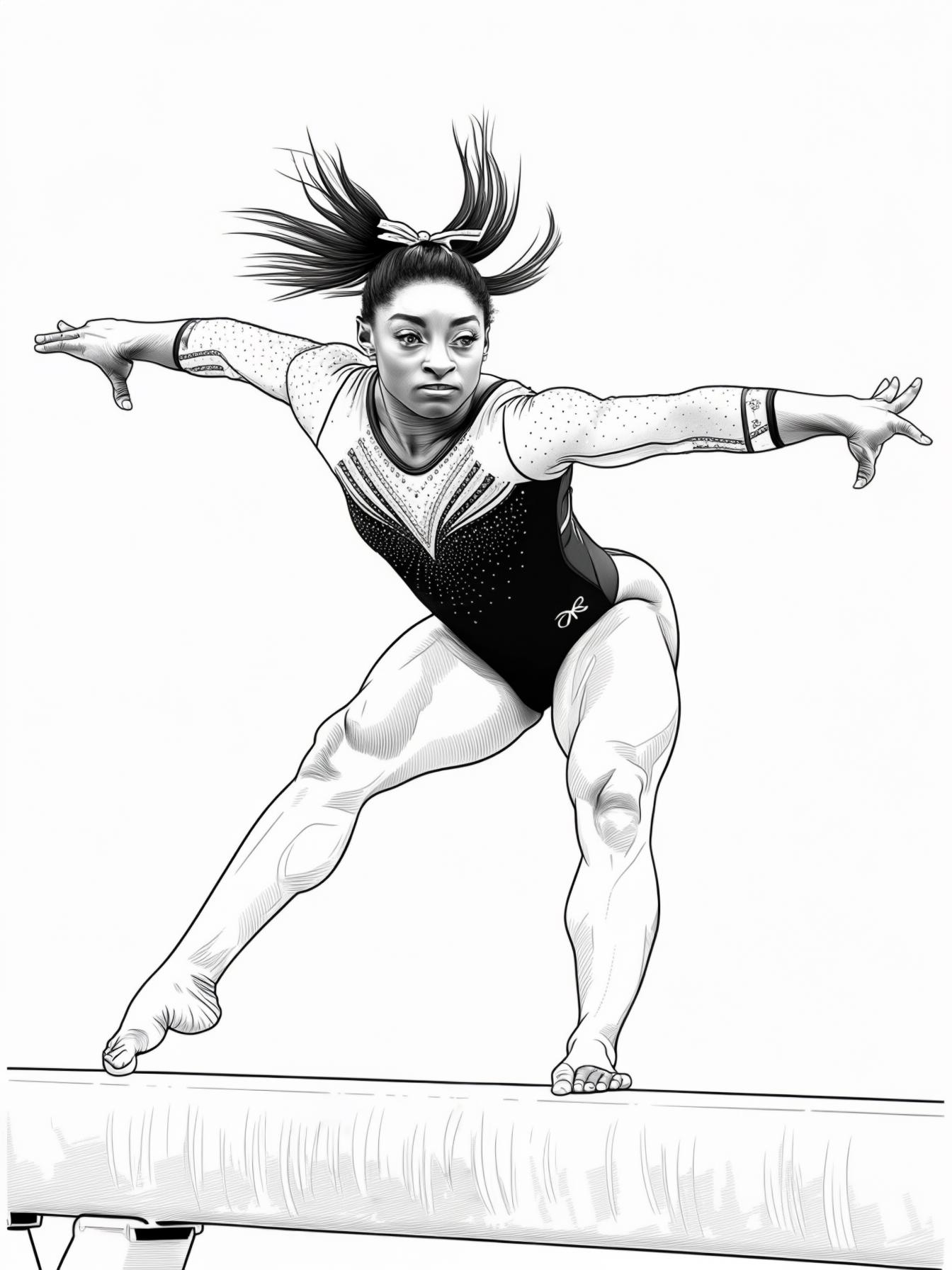Depict Simone Biles in an athletic pose performing a gymnastics move, such as a vault or a balance beam routine. Capture her dynamic movement and focus, showcasing her strength and grace.