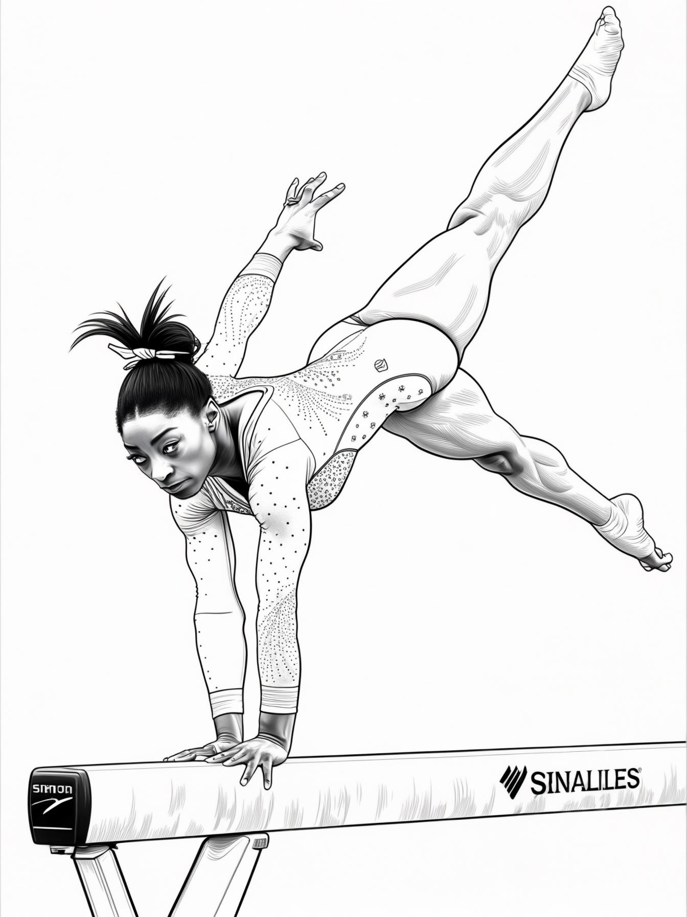 Depict Simone Biles in an athletic pose performing a gymnastics move, such as a vault or a balance beam routine. Capture her dynamic movement and focus, showcasing her strength and grace.