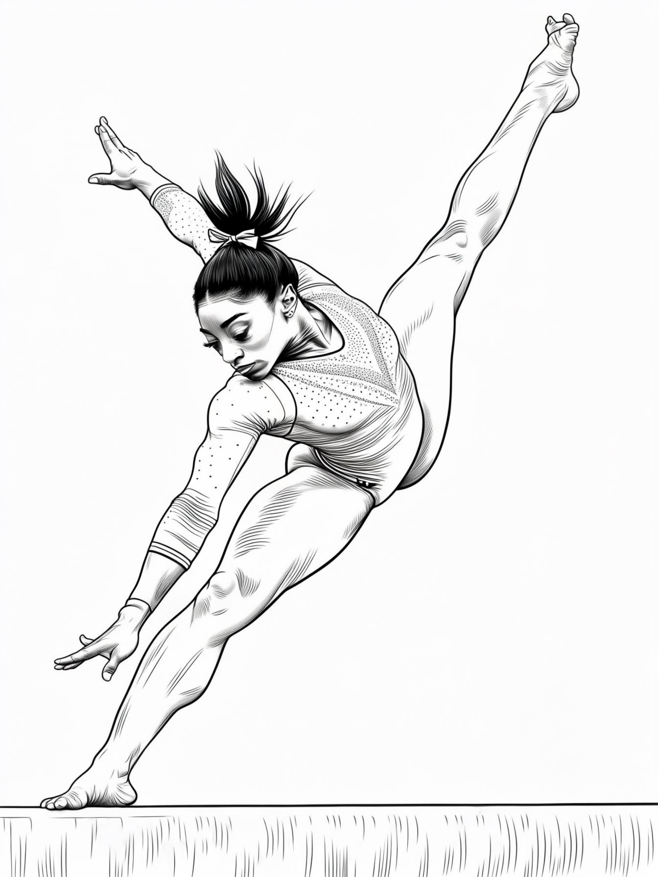 Depict Simone Biles in an athletic pose performing a gymnastics move, such as a vault or a balance beam routine. Capture her dynamic movement and focus, showcasing her strength and grace.