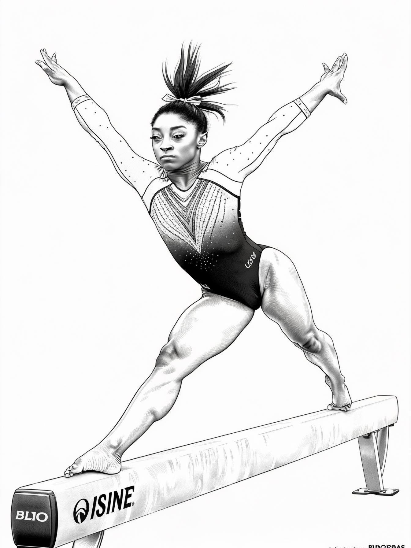 Depict Simone Biles in an athletic pose performing a gymnastics move, such as a vault or a balance beam routine. Capture her dynamic movement and focus, showcasing her strength and grace.