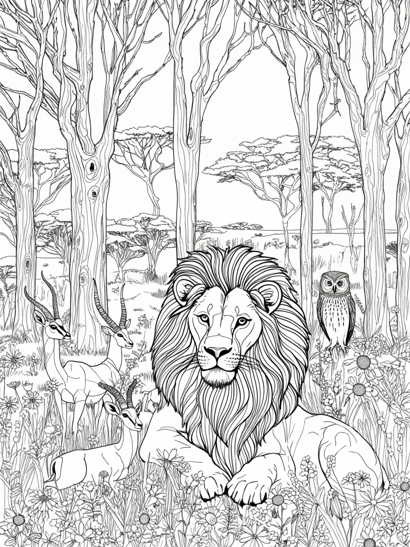 Create a serene landscape that blends elements of nature with themes from African American folklore. This could include a lush forest or a vibrant meadow, dotted with trees, flowers, and wildlife nati