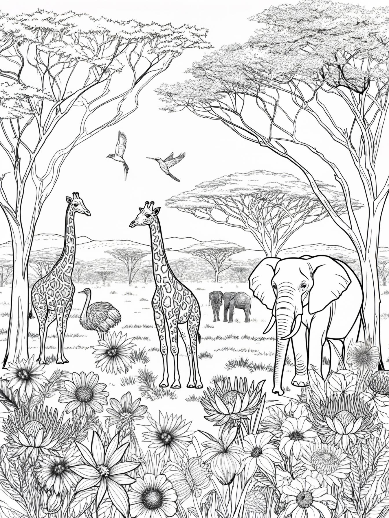 Create a serene landscape that blends elements of nature with themes from Africa. This could include a lush forest or a vibrant meadow, dotted with trees, flowers, and wildlife native to Africa.