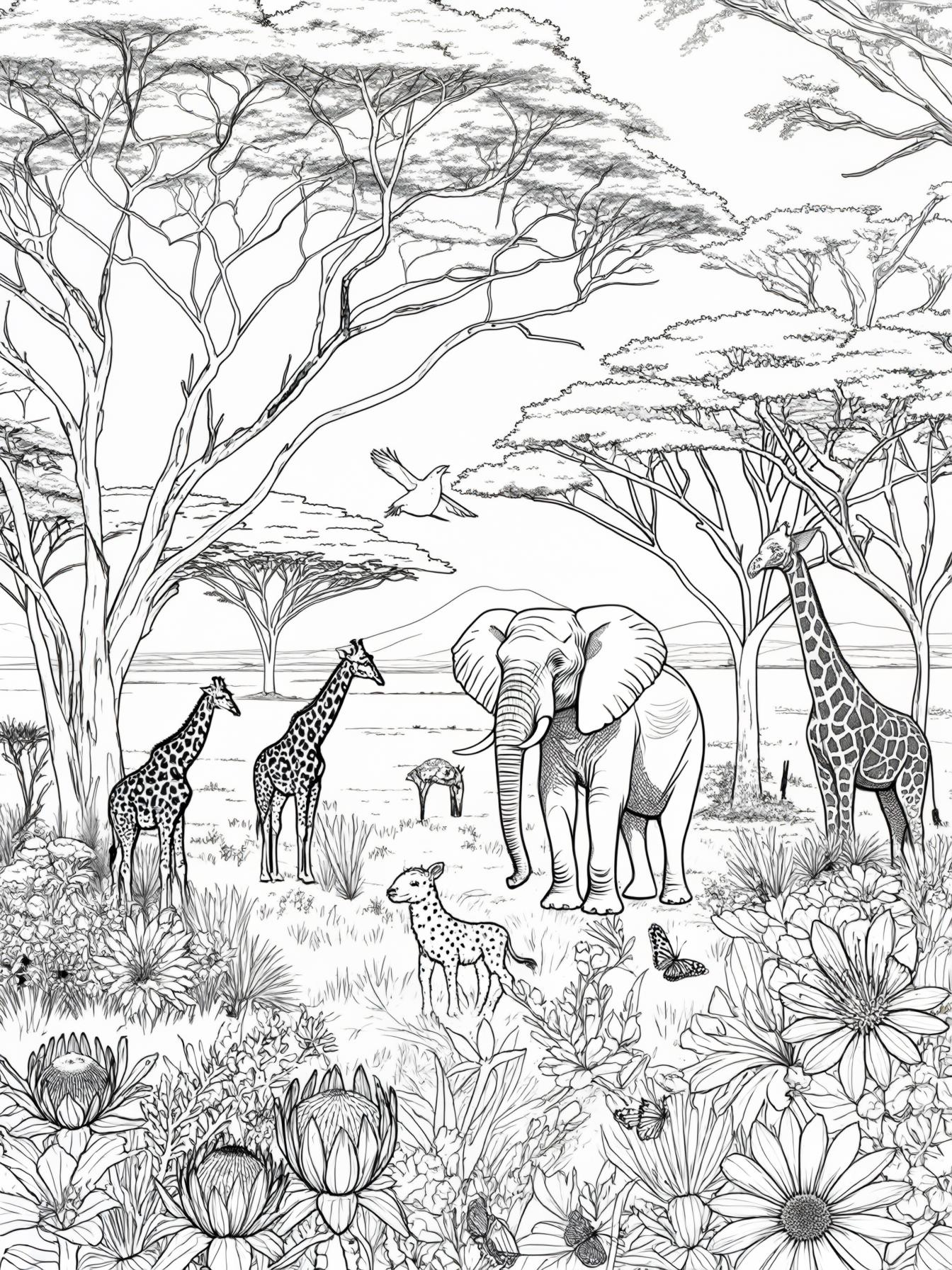 Create a serene landscape that blends elements of nature with themes from Africa. This could include a lush forest or a vibrant meadow, dotted with trees, flowers, and wildlife native to Africa.