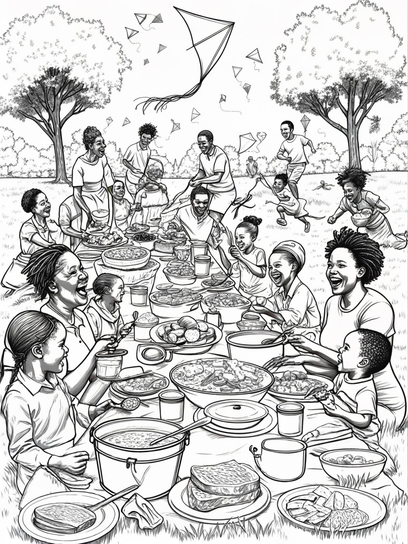 Illustrate a large, lively picnic in a sunny park. Black Family members of all ages are gathered some are setting up tables with homemade dishes, others are playing games like sack races or flying kit