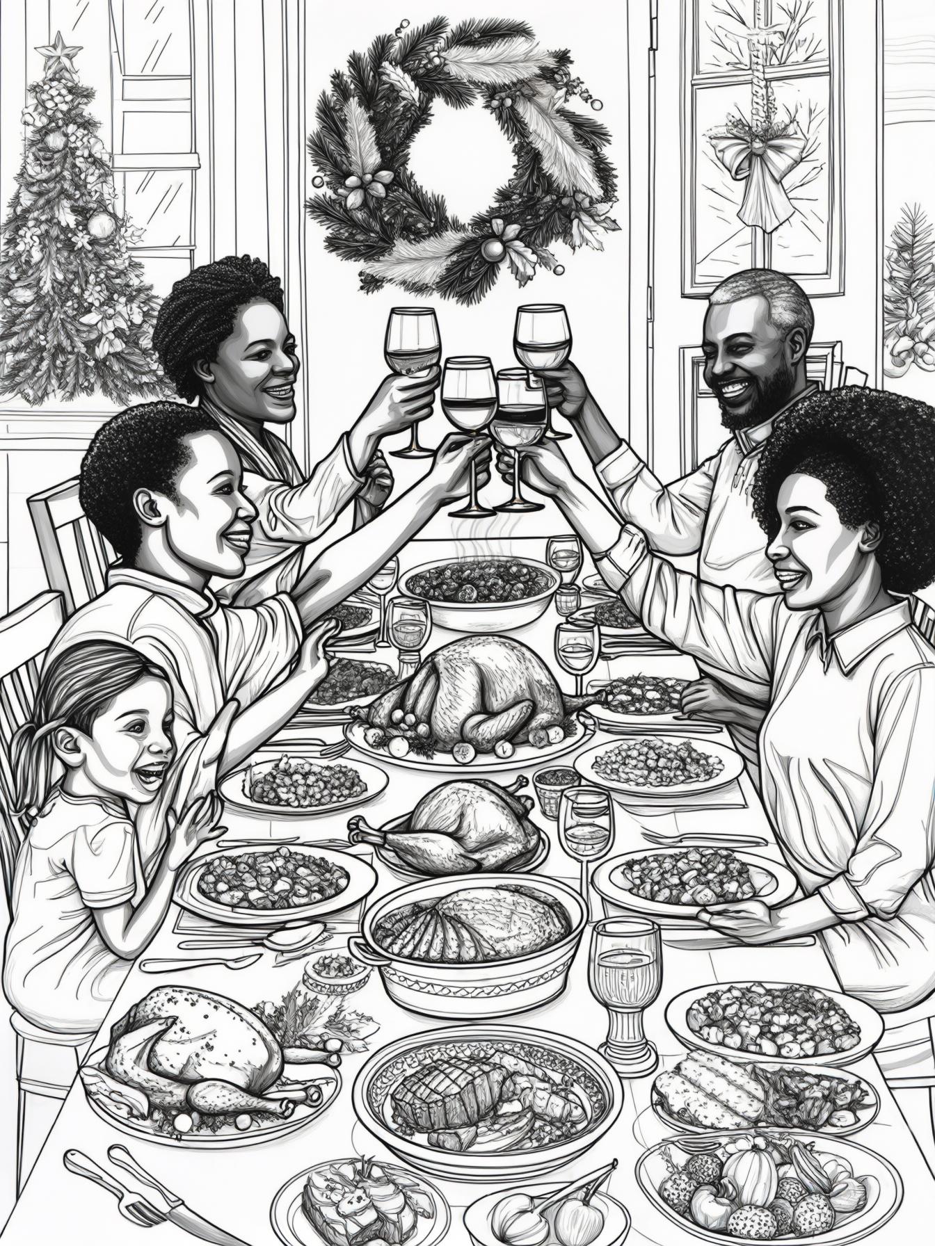 Capture a warm, inviting scene around a dinner table set for a holiday feast. The table is laden with traditional dishes, and Black family members are seated, raising glasses for a toast.