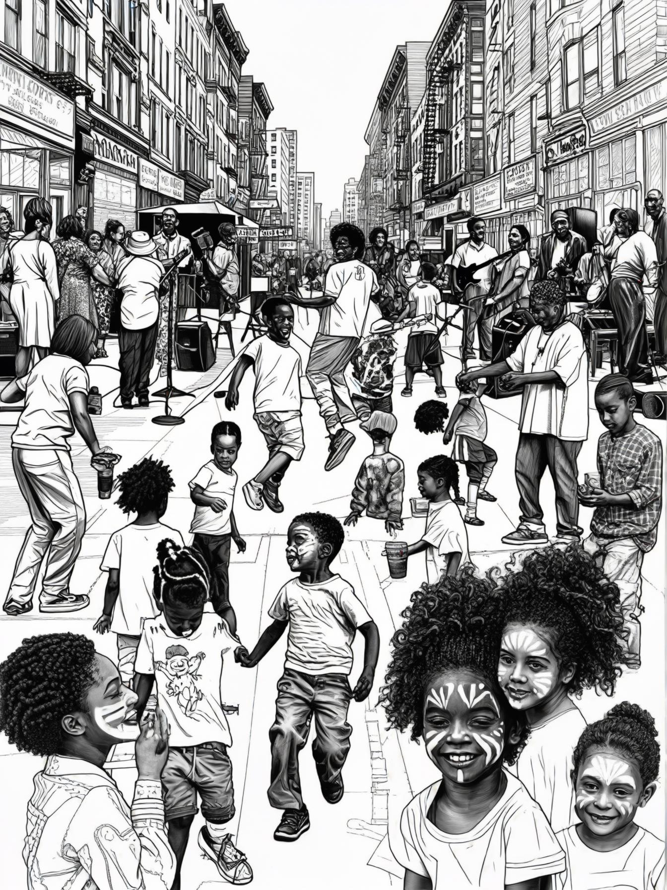Depict a vibrant Black community block party on a bustling city street. Black Neighbors are mingling with one another, kids are playing hopscotch or enjoying face painting, and there's a stage with mu