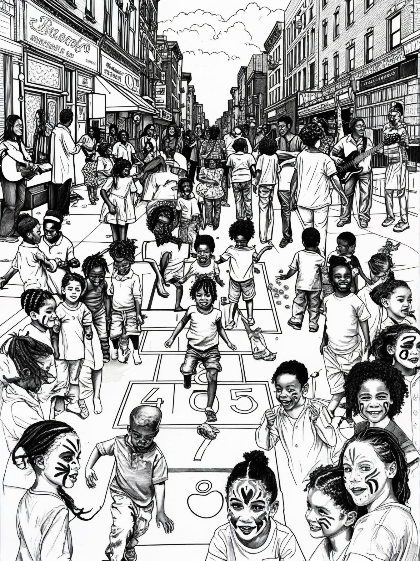 Depict a vibrant Black community block party on a bustling city street. Black Neighbors are mingling with one another, kids are playing hopscotch or enjoying face painting, and there's a stage with mu