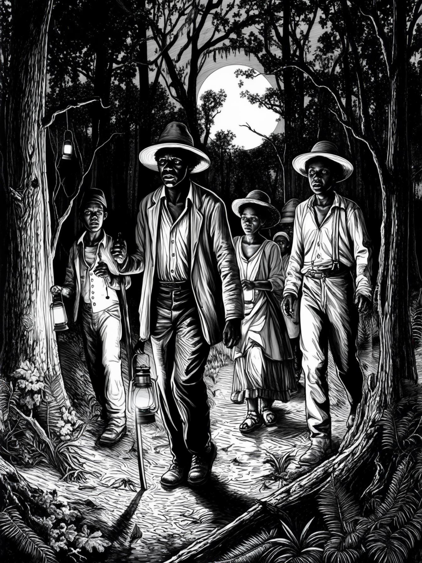 Illustrate a nighttime scene where a group of African Americans are quietly and cautiously making their way through a forest. They're being guided by a local abolitionist. Lantern light flickers in th