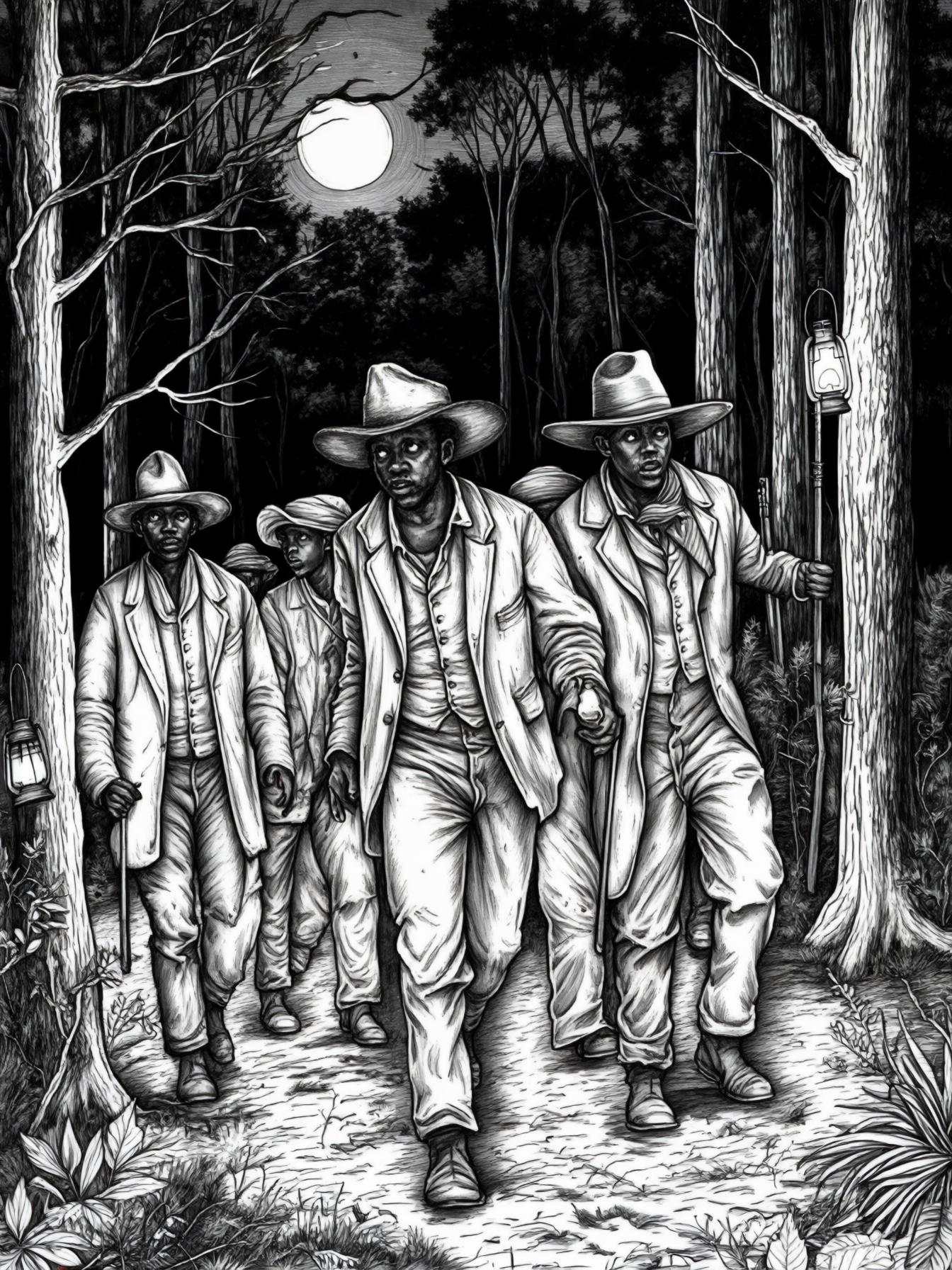 Illustrate a nighttime scene where a group of African Americans are quietly and cautiously making their way through a forest. They're being guided by a local abolitionist. Lantern light flickers in th
