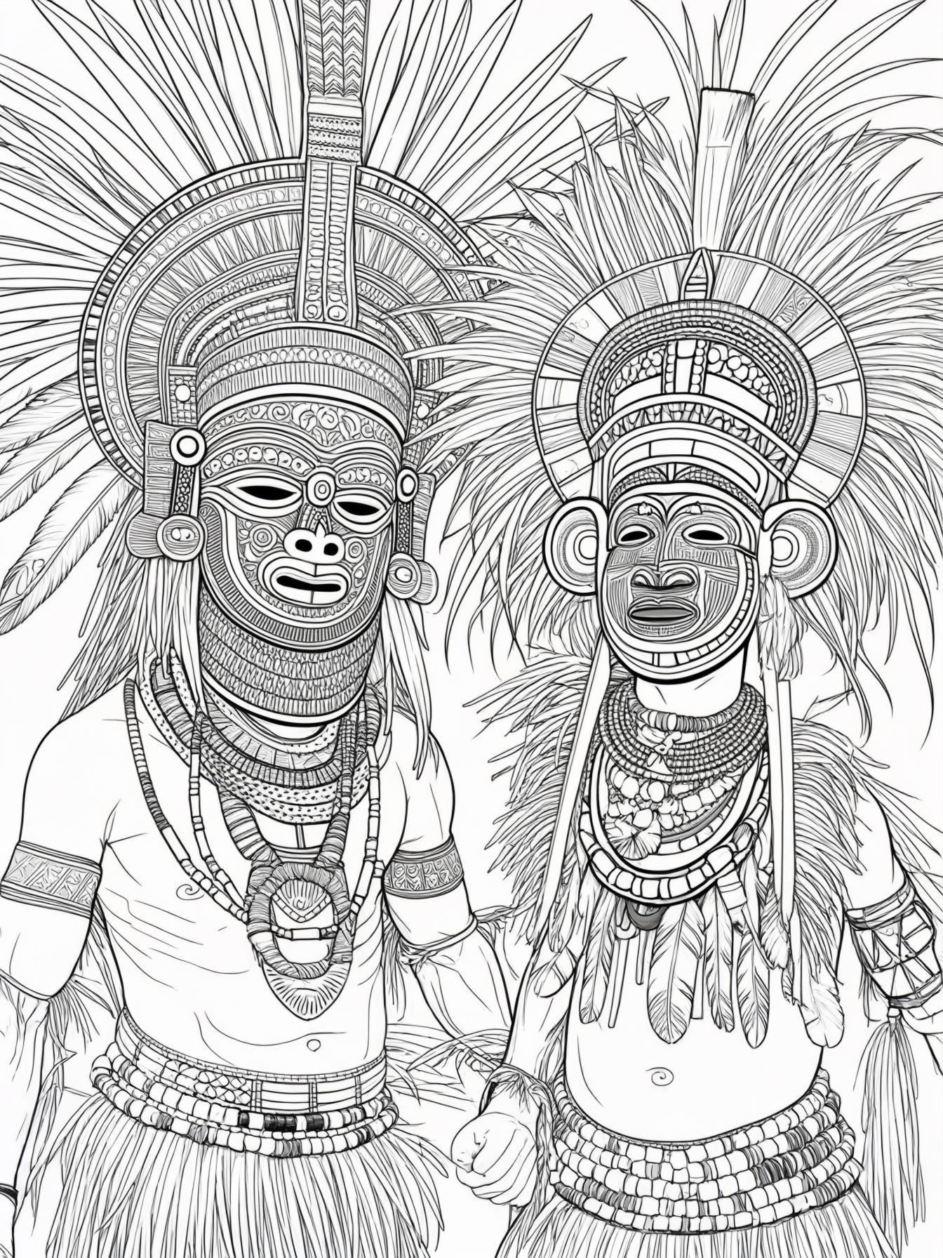 epict a scene featuring elaborately carved African masks being used in a traditional ceremony or dance.