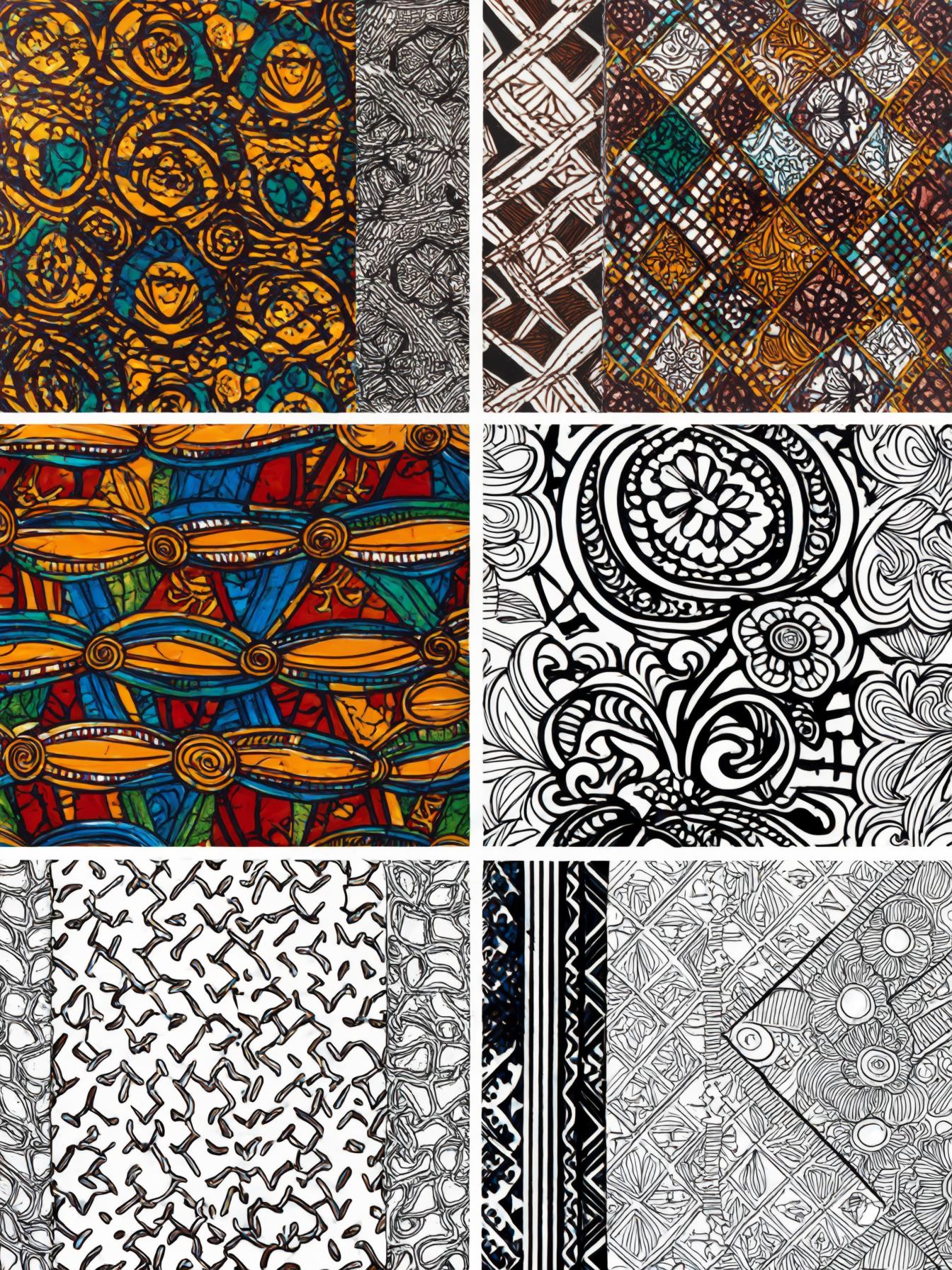 Create a vibrant collage of African wax print fabric swatches. Emphasize the bold, symmetrical designs and vibrant colors that are characteristic of these popular textiles, widely used across various