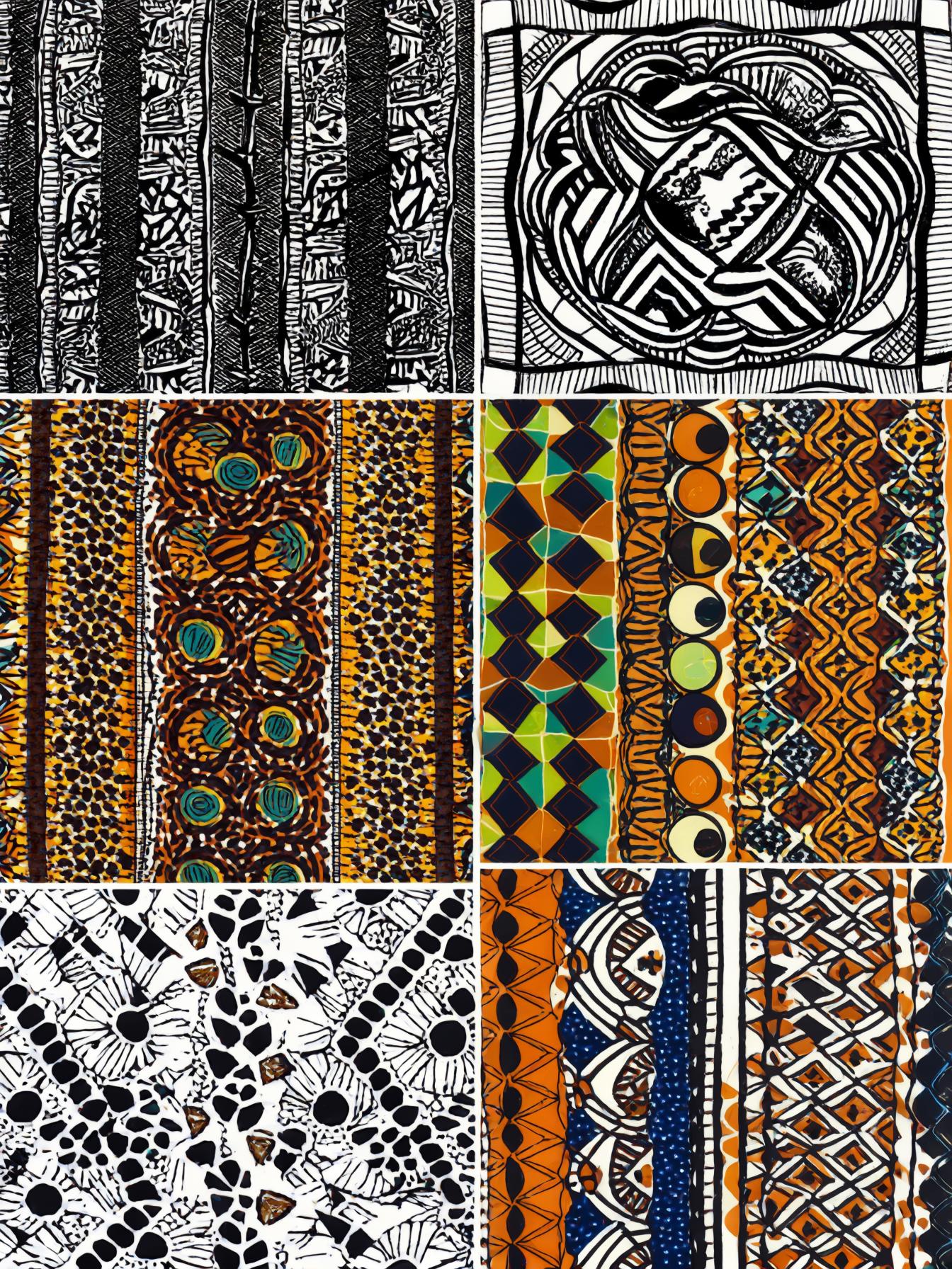 Create a vibrant collage of African wax print fabric swatches. Emphasize the bold, symmetrical designs and vibrant colors that are characteristic of these popular textiles, widely used across various