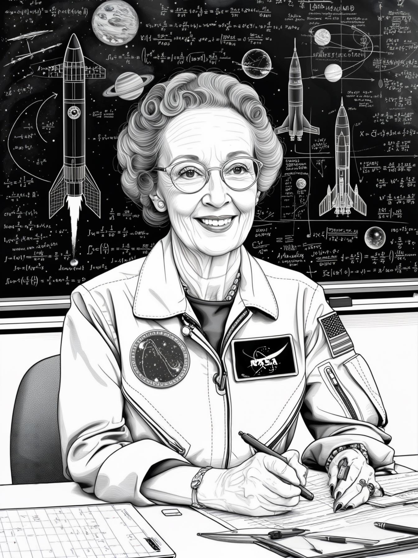 Design an illustration of Katherine Johnson at work at NASA, surrounded by mathematical equations and space exploration imagery to symbolize her contributions to space missions.