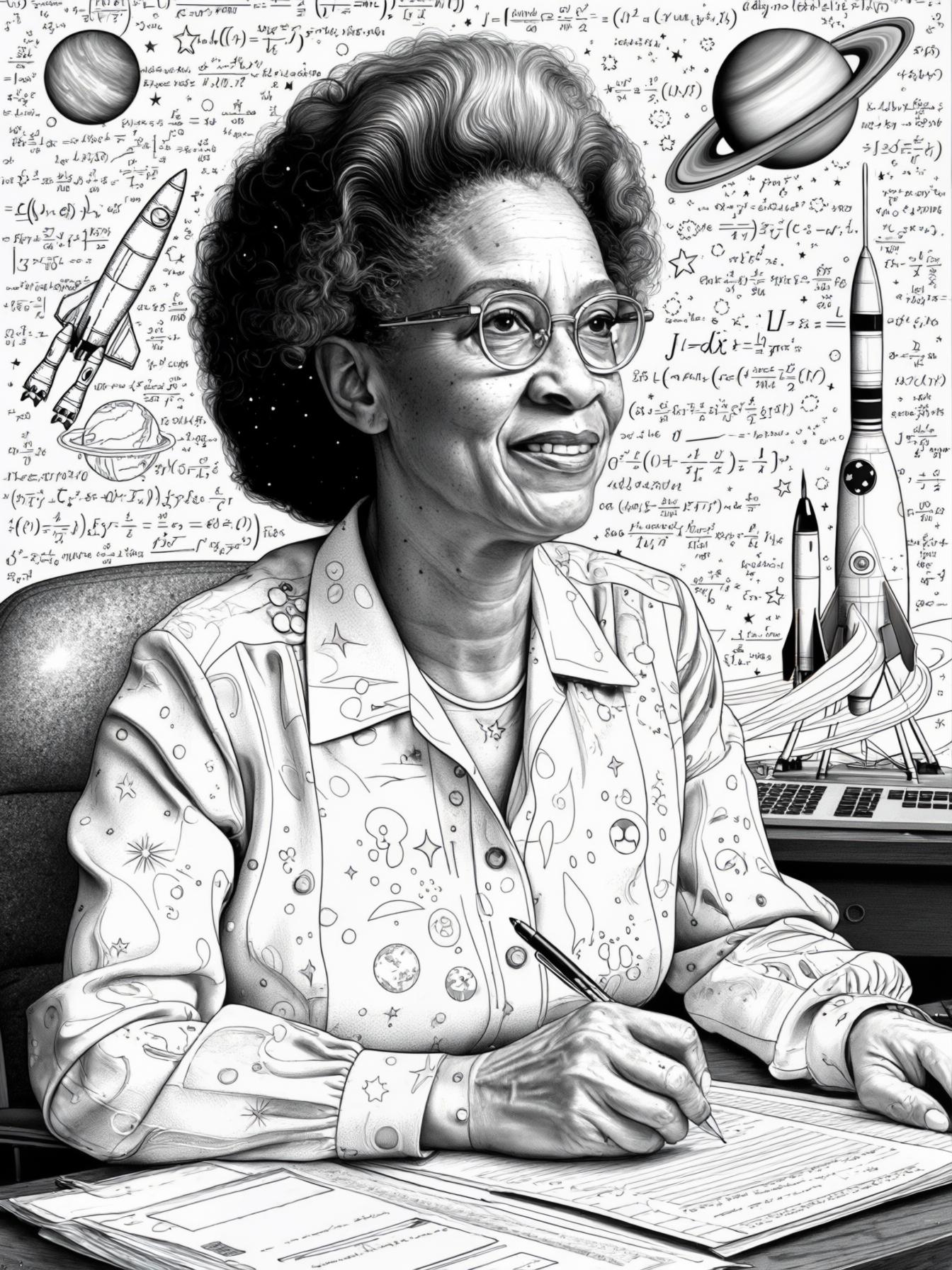 Design an illustration the black woman Katherine Johnson at work at NASA, surrounded by mathematical equations and space exploration imagery to symbolize her contributions to space missions.