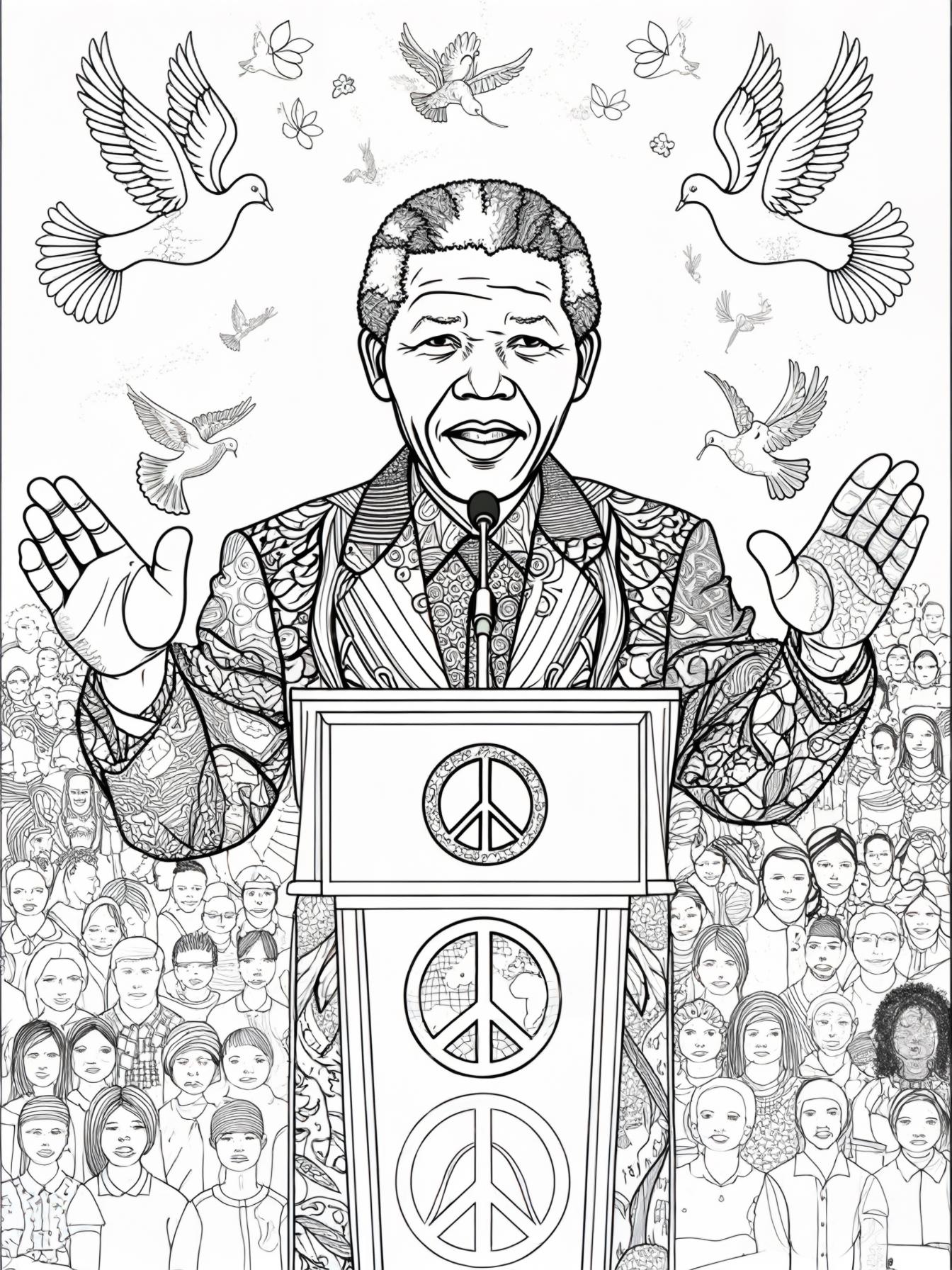 Create an illustration that captures Nelson Mandela during an inspiring moment, perhaps delivering a speech or engaging with a community. Incorporate symbols of peace and unity to underscore his impac