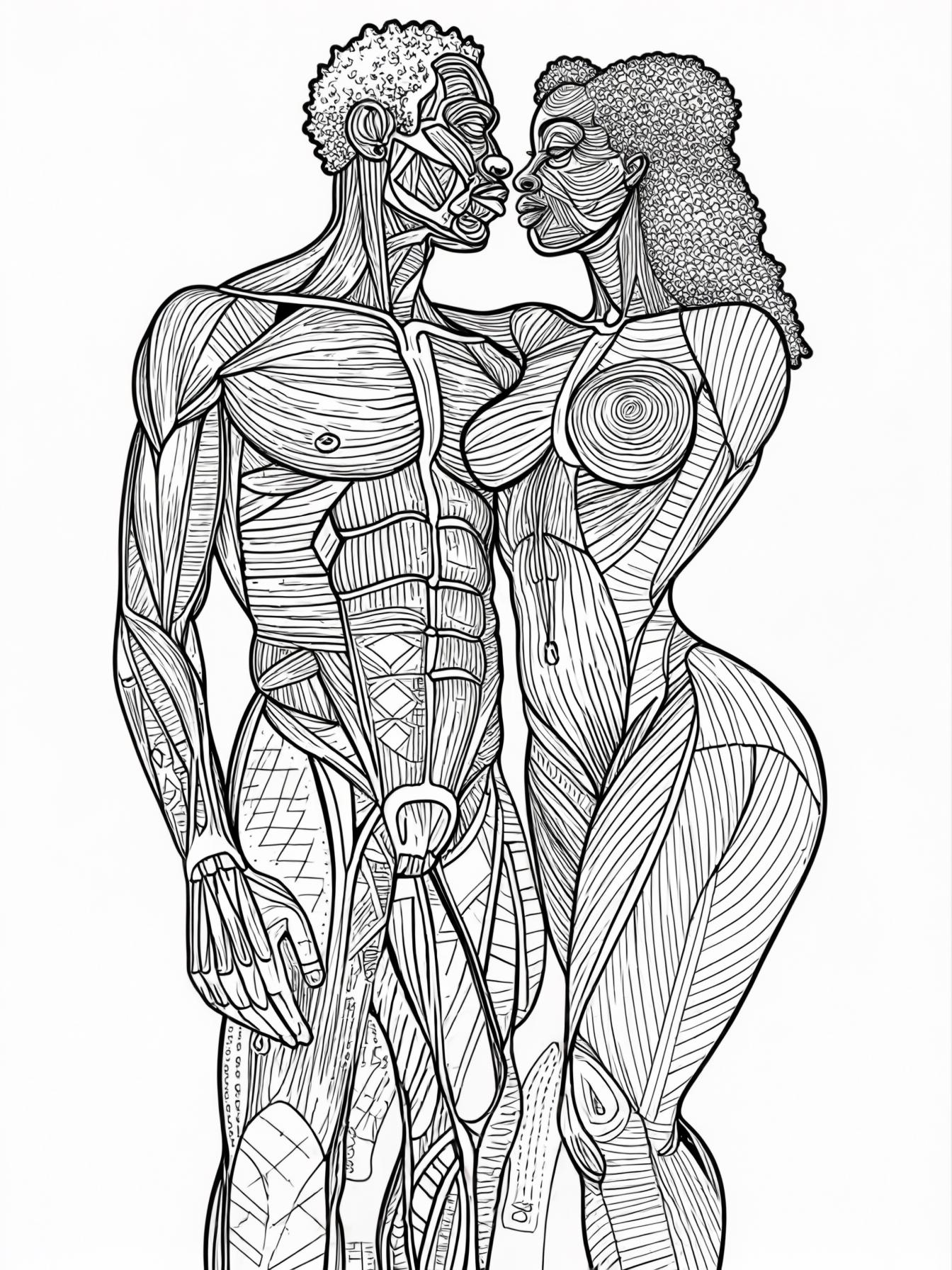 Design a black and white sculpture installation that explores the art in the body of the Black man and the Black woman.