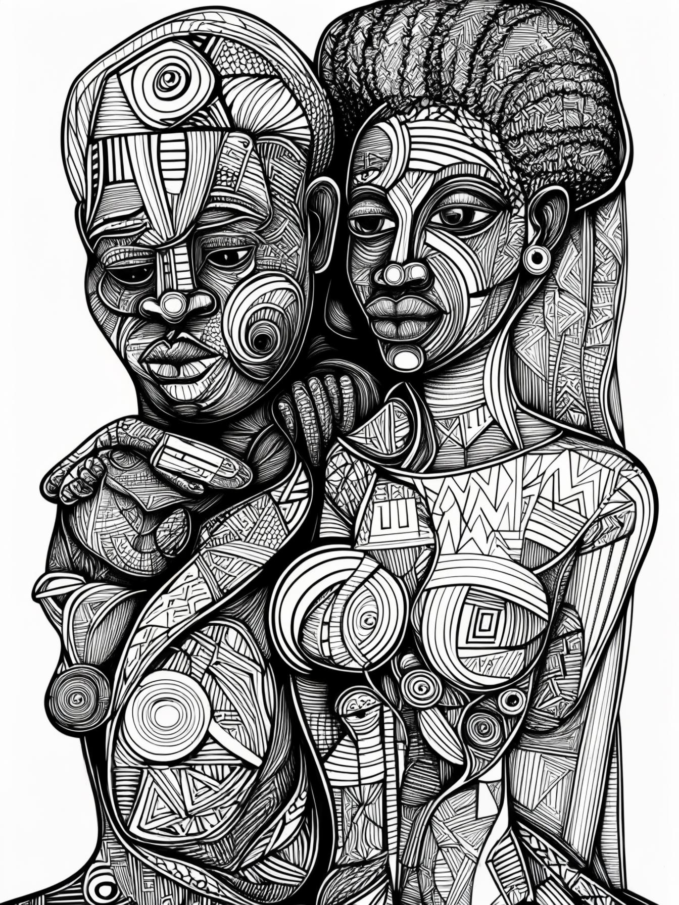 Design a black and white sculpture installation that explores the abstract art in the body of the African man and the African woman.
