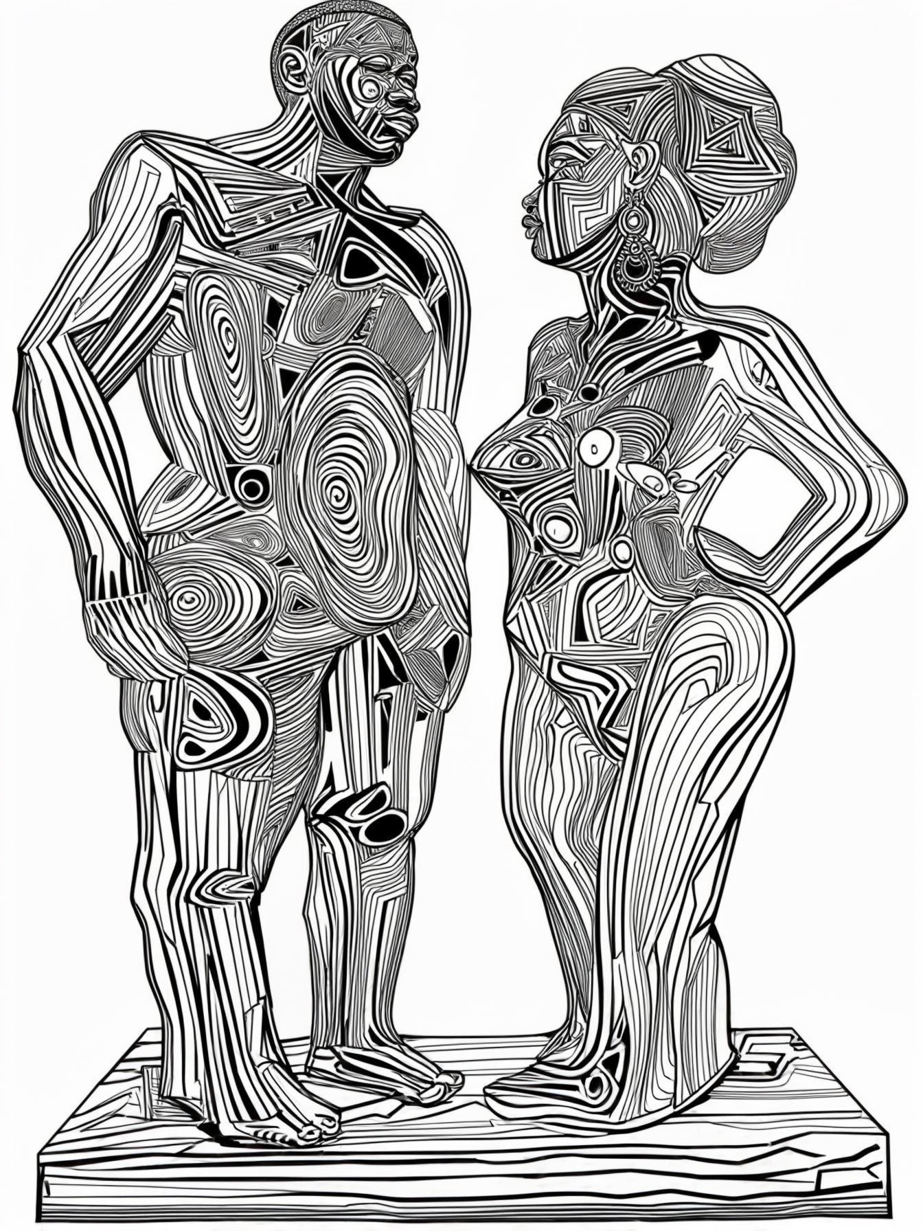 Design a black and white sculpture installation that explores the abstract art in the body of the African man and the African woman.