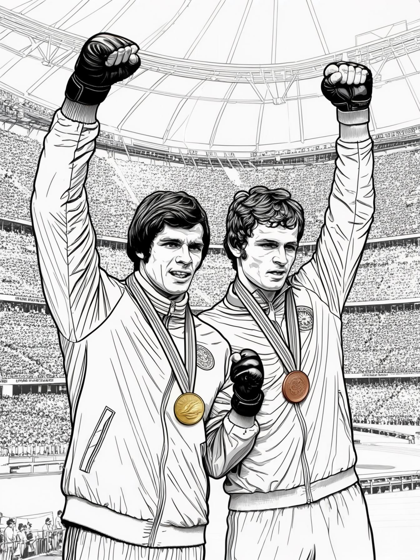 Create an illustration of the medal podium at the 1968 Olympics, featuring Tommie Smith and John Carlos raising their fists in a Black Power salute while wearing black gloves.