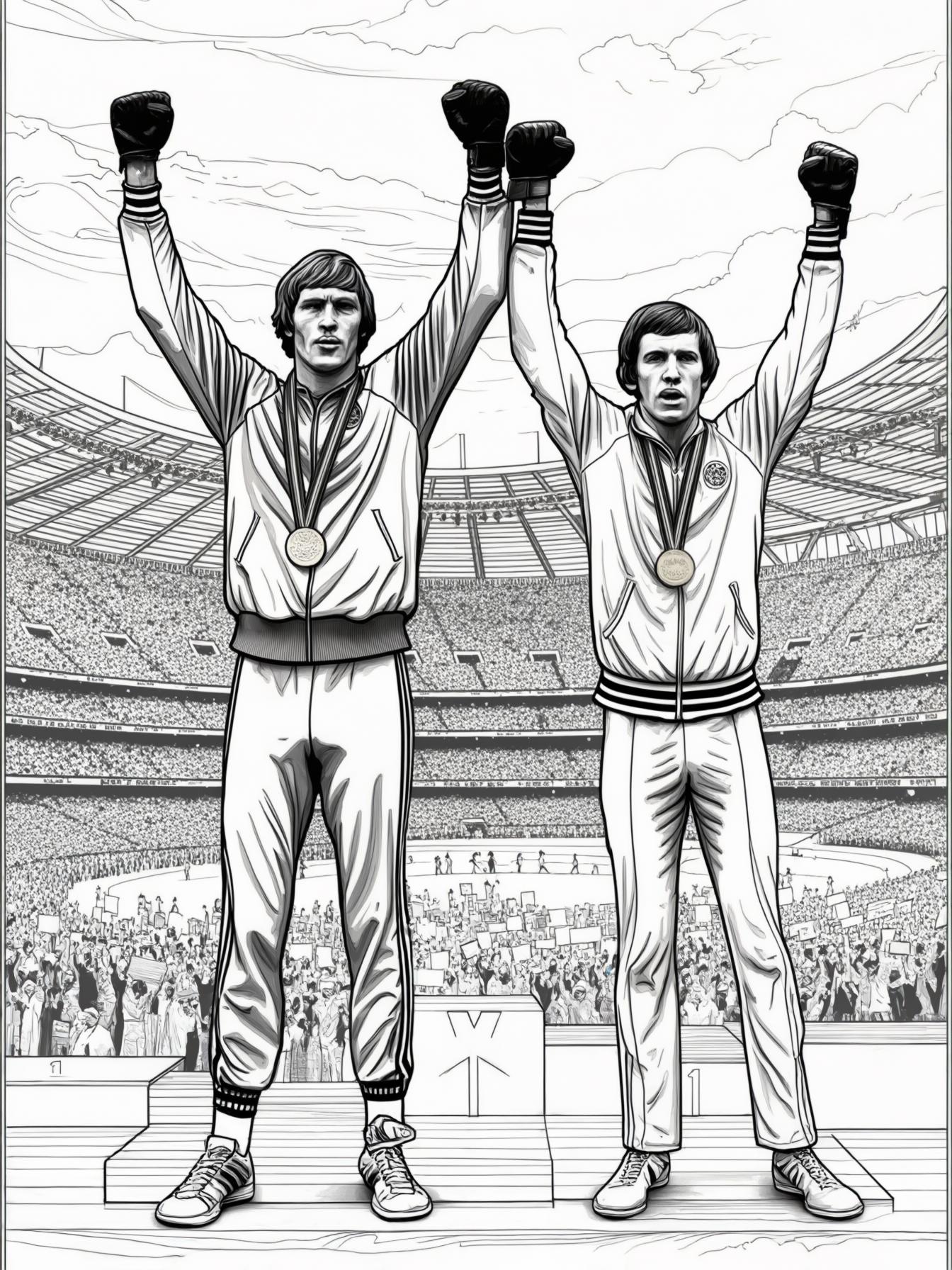 Create an illustration of the medal podium at the 1968 Olympics, featuring Tommie Smith and John Carlos raising their Black Power fists in a Black Power salute while wearing black gloves.