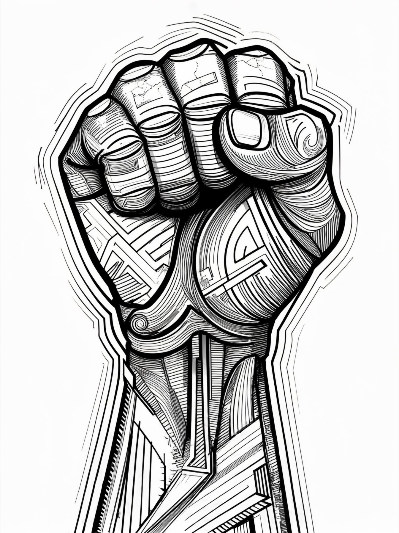 Depict the Black Power fist salute in a more abstract form, using black and white colors and shapes to symbolize the themes of empowerment, resistance, and hope.