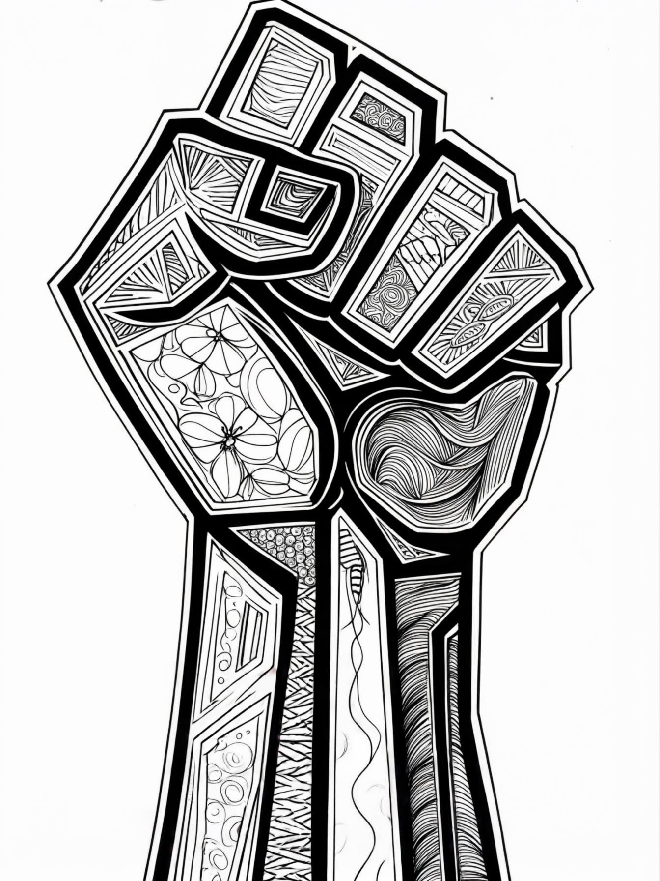 Depict the Black Power fist salute in a more abstract form, using black and white colors and shapes to symbolize the themes of african American people empowerment, resistance, and hope.