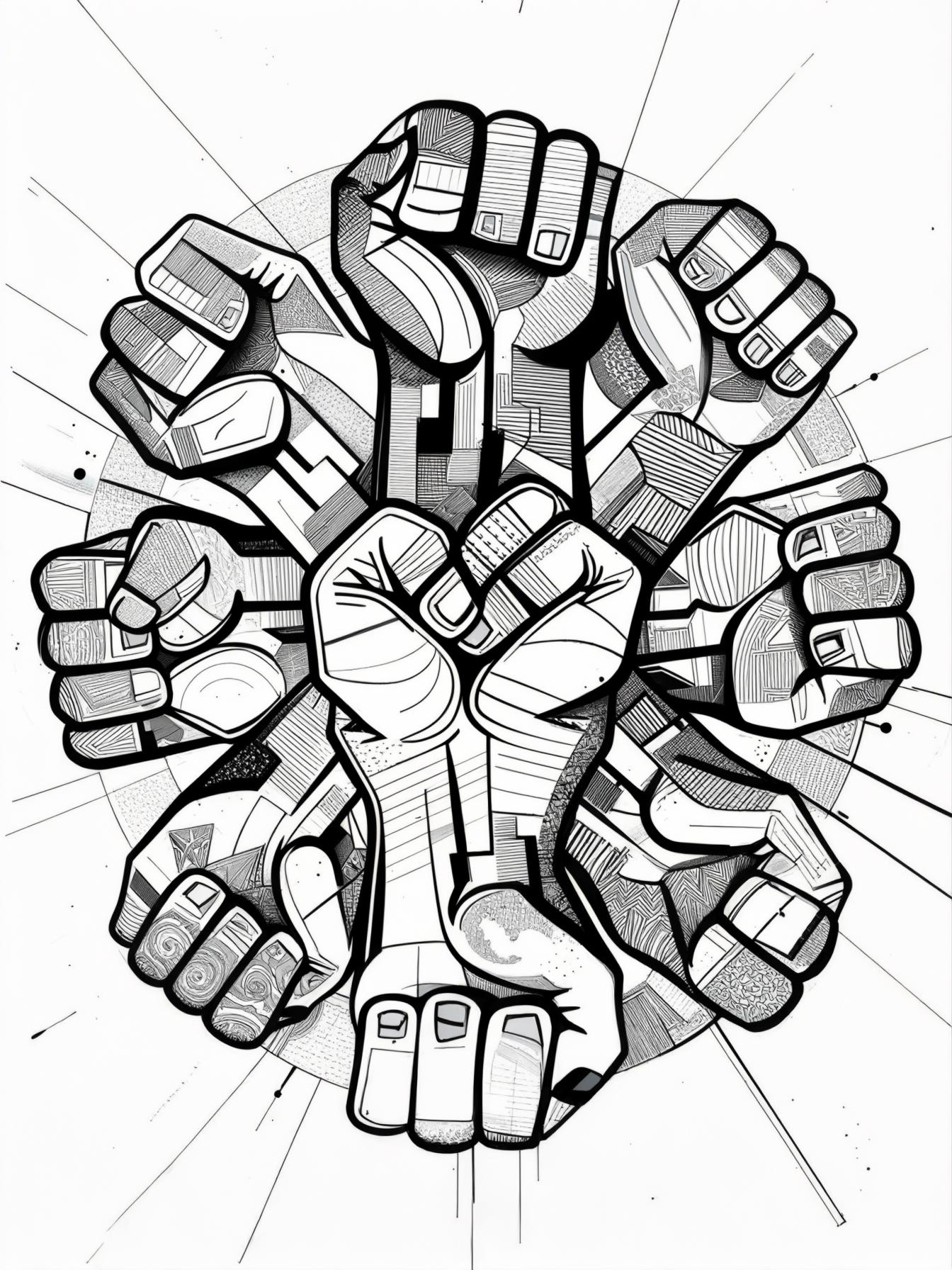 Depict the Black Power people salute in a more abstract form, using black and white colors and shapes to symbolize the themes of empowerment, resistance, and hope.