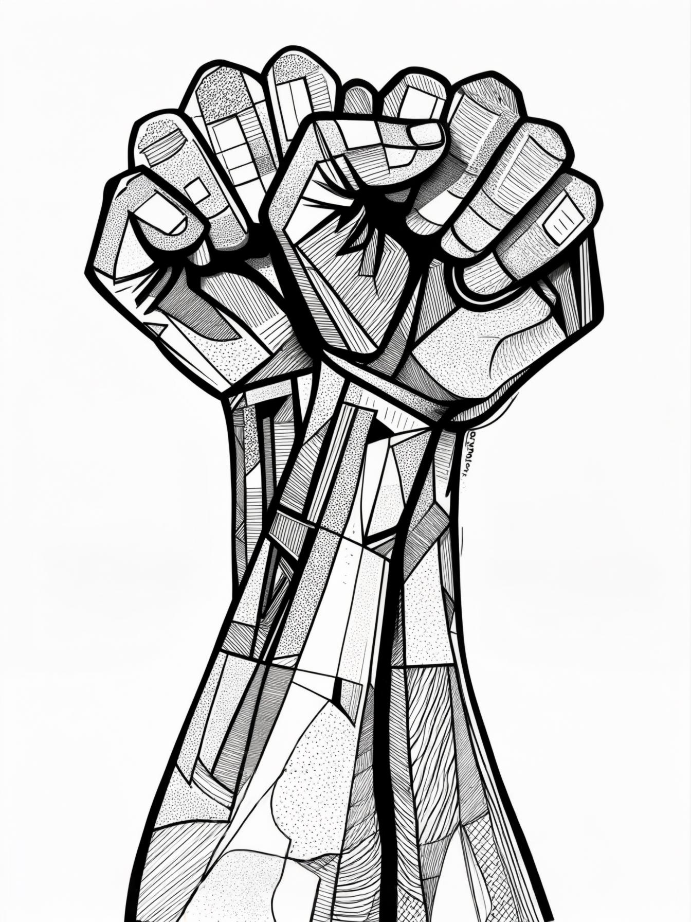 Depict the Black Power people salute in a more abstract form, using black and white colors and shapes to symbolize the themes of empowerment, resistance, and hope.