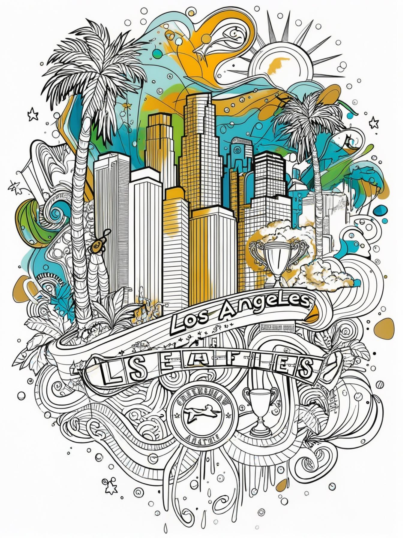 Create an abstract illustration that incorporates significant symbols associated with rapper Nipsey Hussle, such as the LA skyline, the colors of the Crenshaw neighborhood, or elements of the marathon