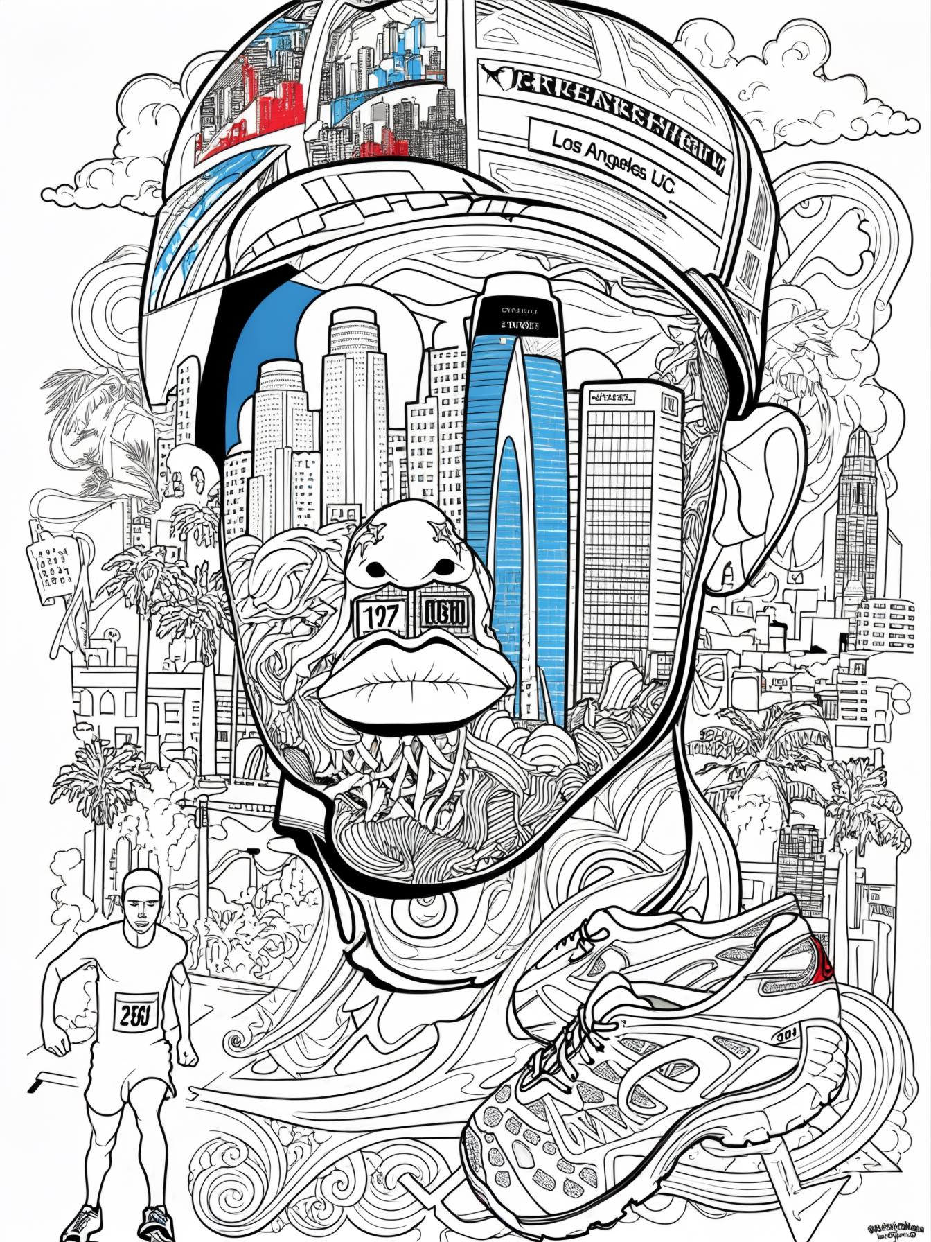 Create an abstract illustration that incorporates significant symbols associated with rapper Nipsey Hussle, such as the LA skyline, the colors of the Crenshaw neighborhood, or elements of the marathon