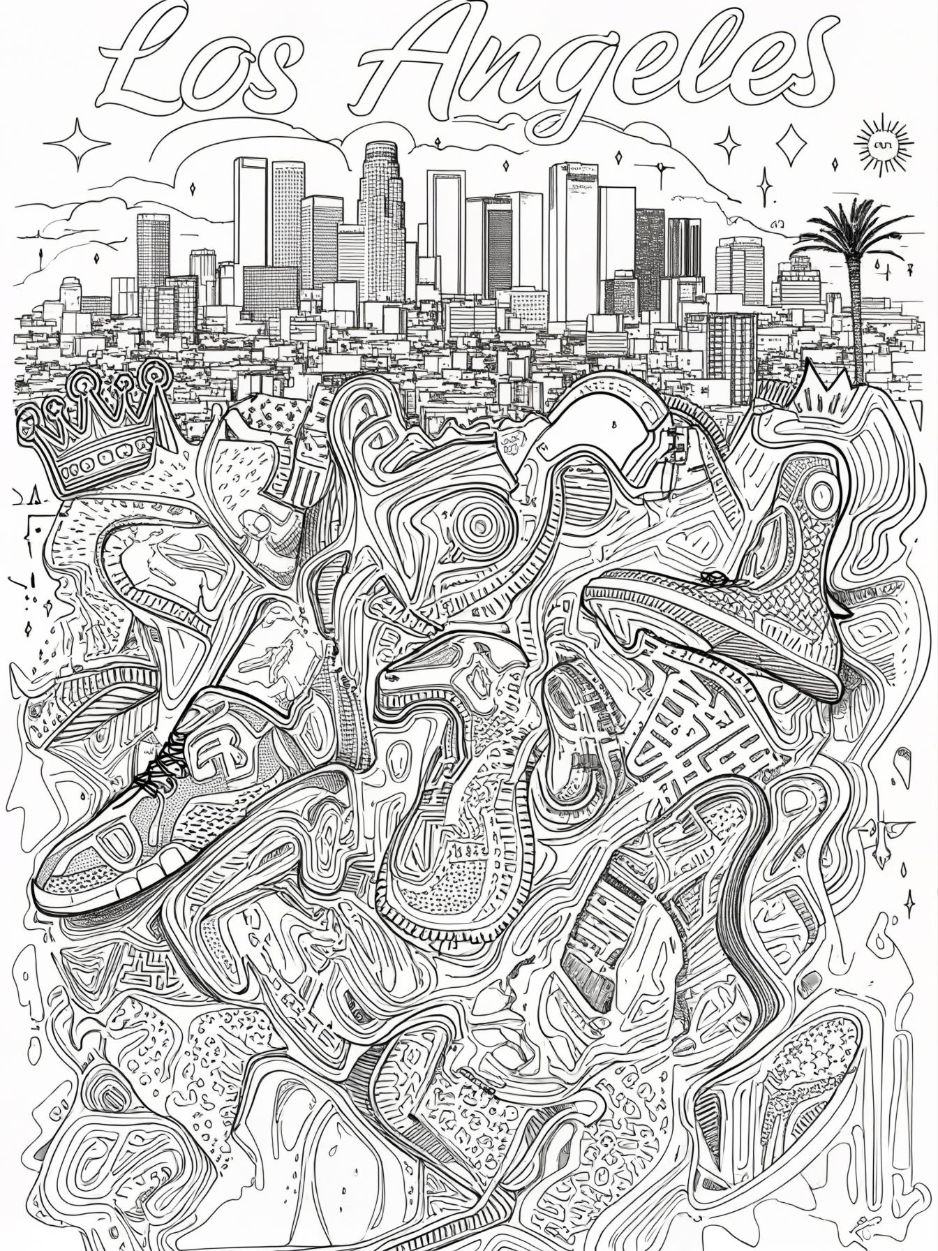 Create an abstract illustration that incorporates significant symbols associated with rapper Nipsey Hussle, such as the LA skyline.
