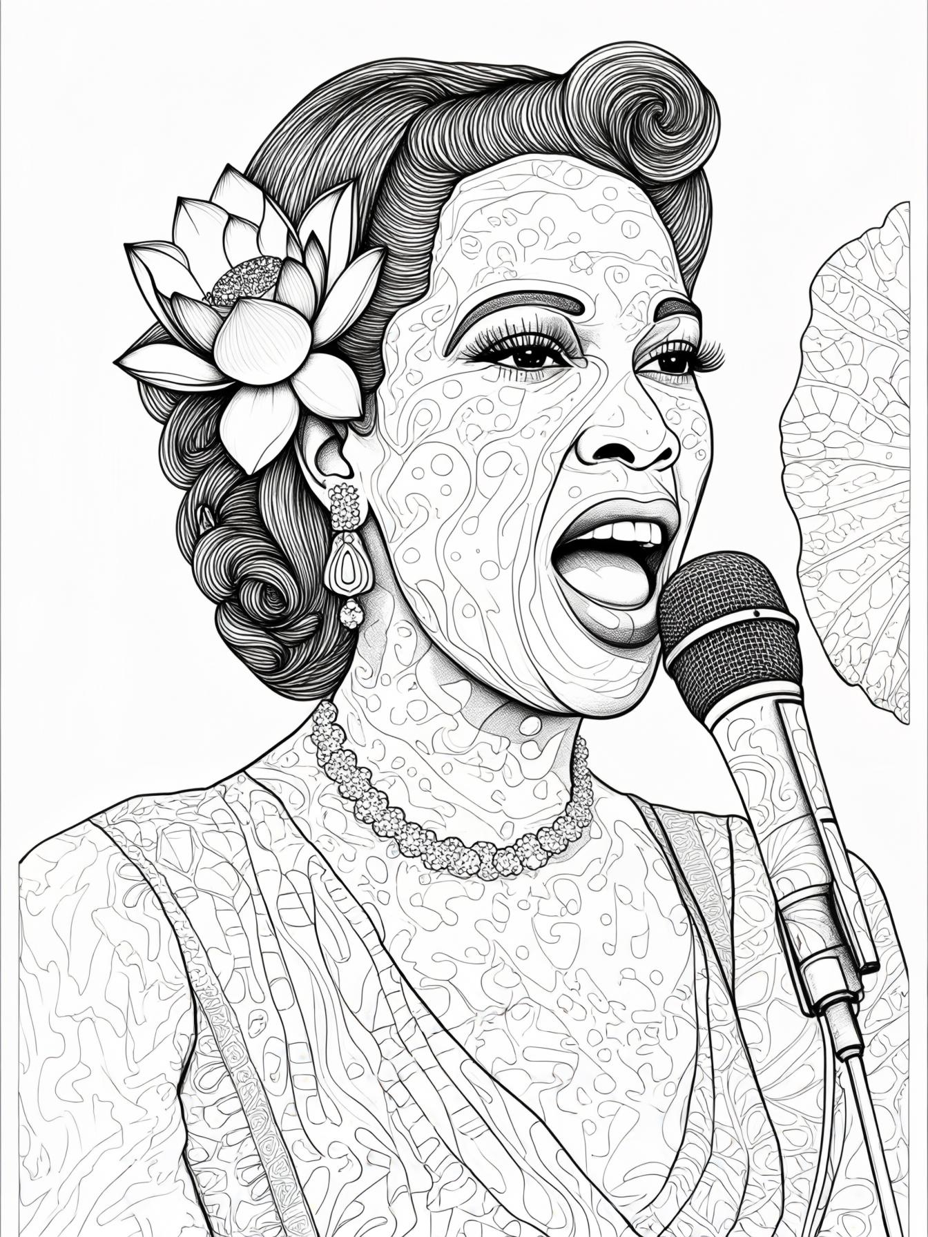Jazz singer Billie Holiday with a lotus flower in her hair singing inn front of a crowd.