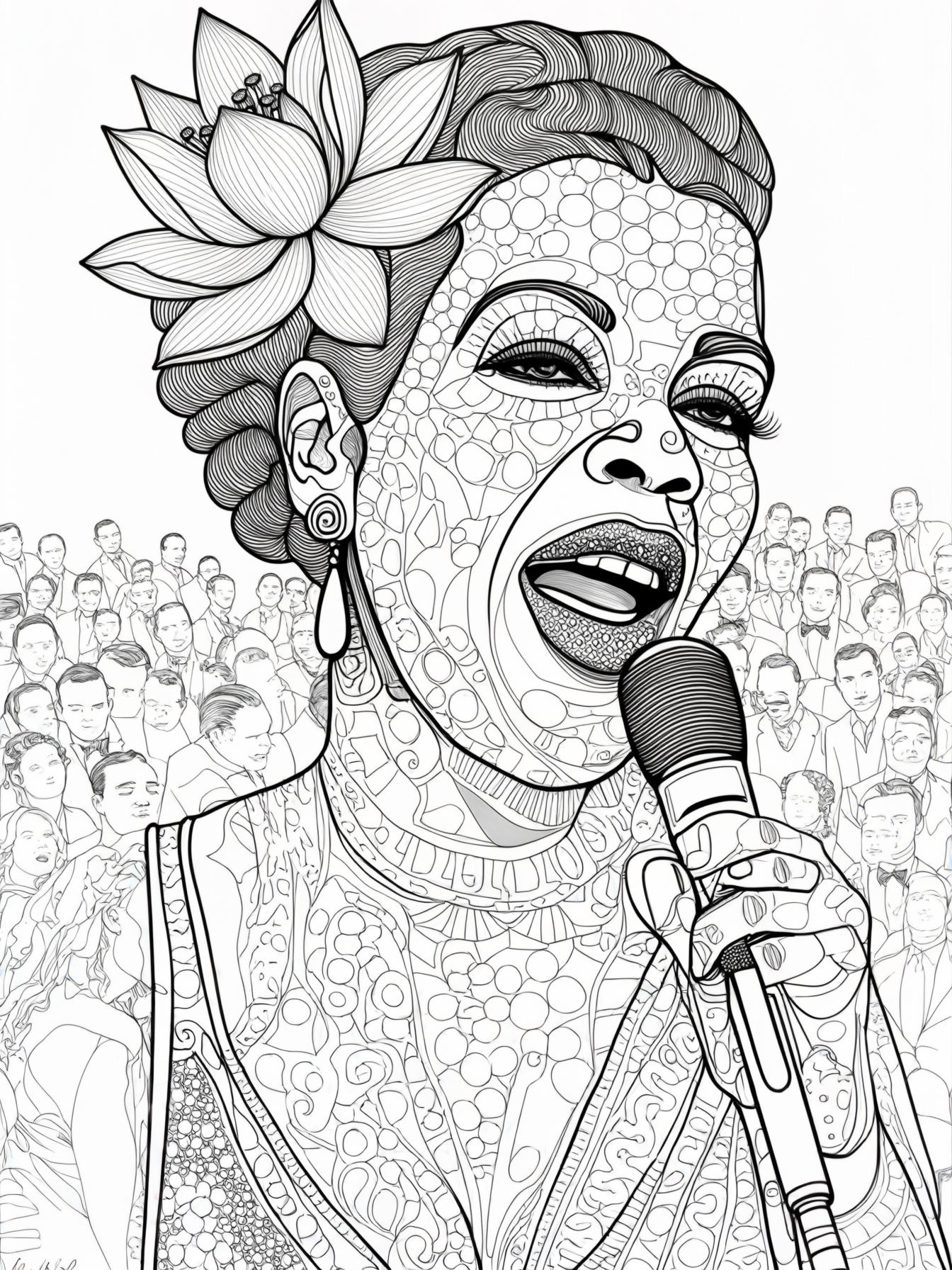Jazz singer Billie Holiday with a lotus flower in her hair singing inn front of a crowd.