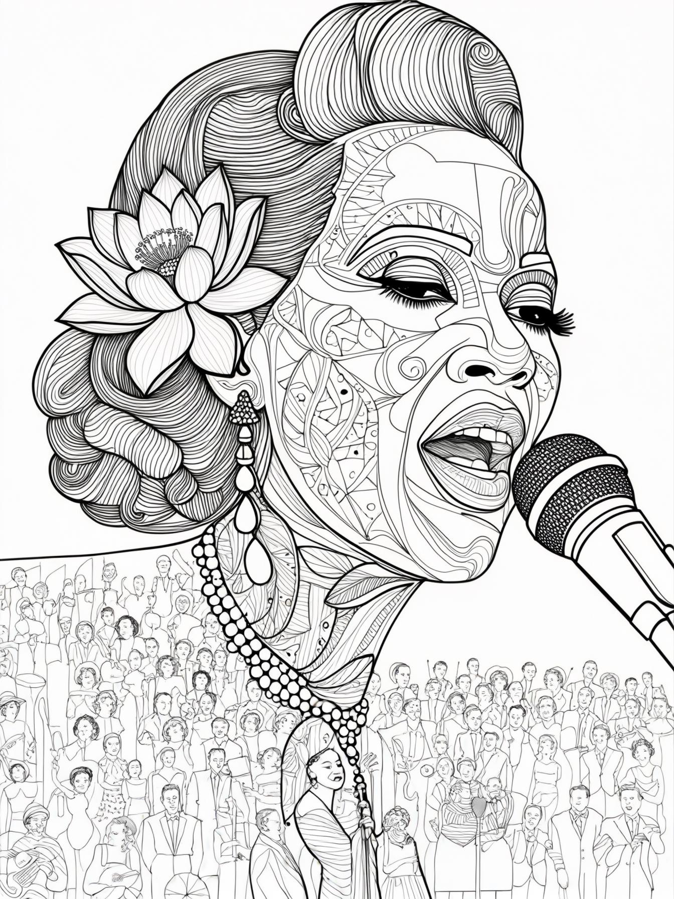 Jazz singer Billie Holiday with a lotus flower in her hair singing inn front of a crowd.