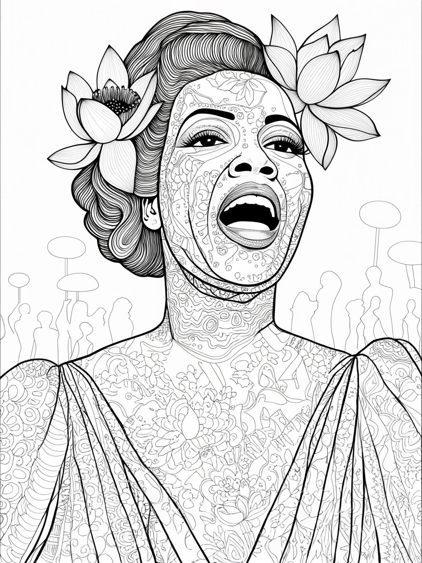 Jazz singer Billie Holiday with a lotus flower in her hair singing inn front of a crowd.