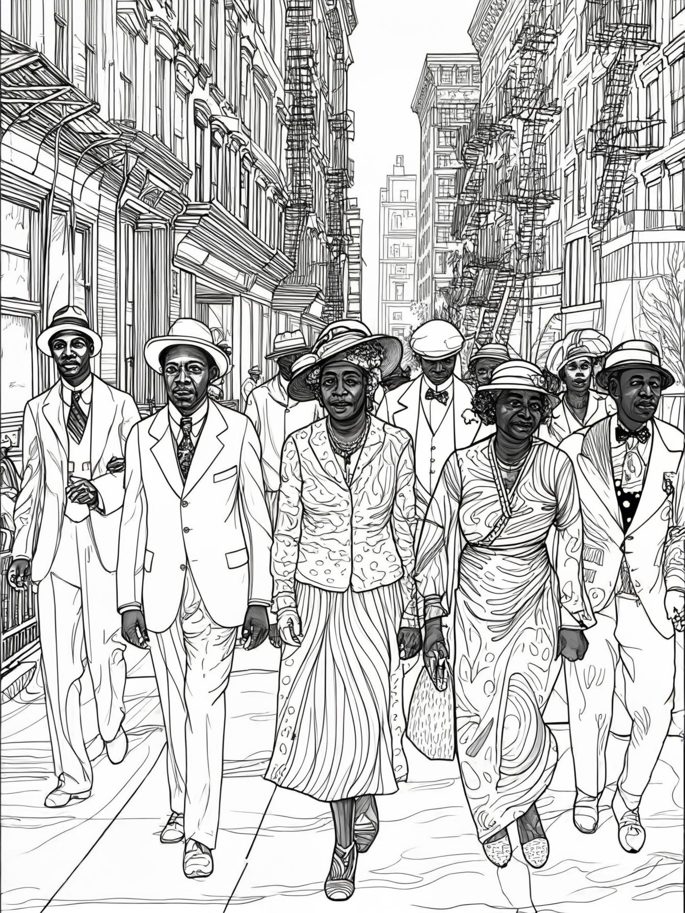the 20th century African Americans walking and flourishing during the Harlem Renaissance.