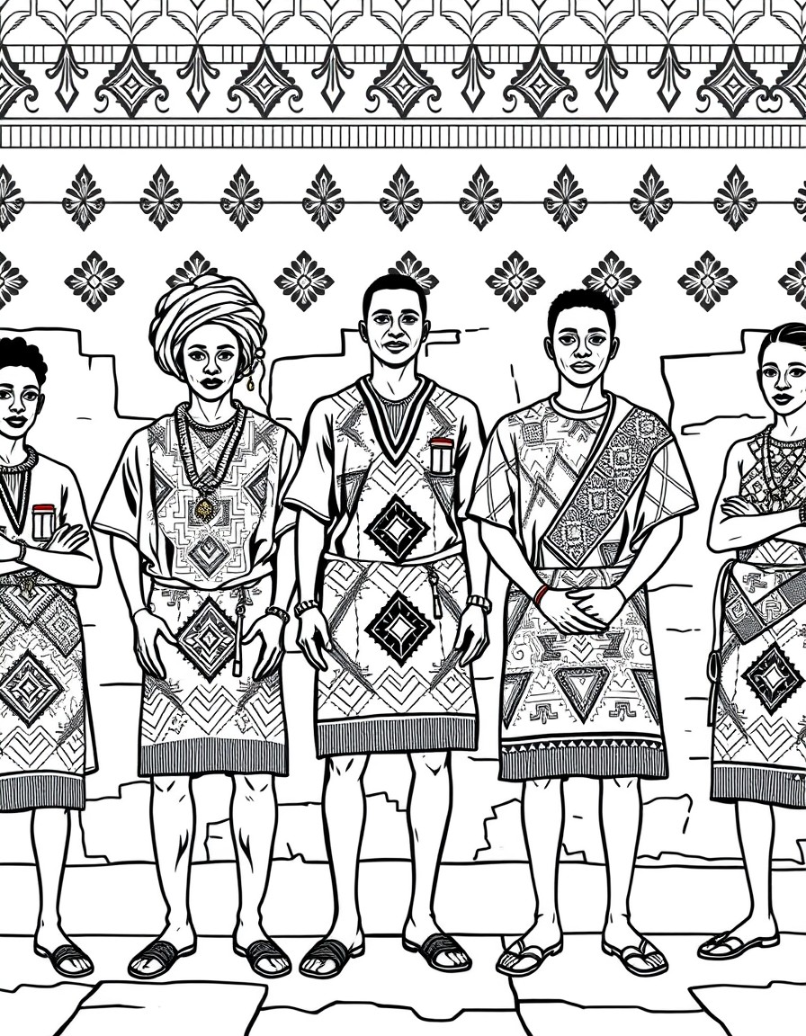 5 African people wearing Kente cloth standing against a wall with the Kente pattern as the background.