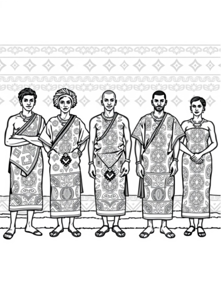 5 African people wearing Kente cloth standing against a wall with the Kente pattern as the background.